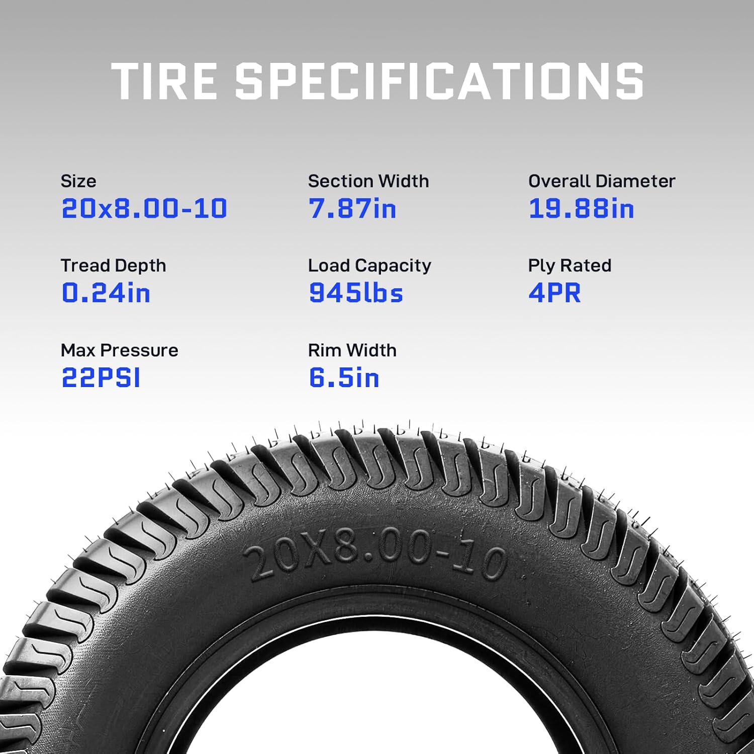 TRIBLE SIX 2 Pcs 20x8.00-10 Lawn Mower Tires, 4PR Turf Tubeless Tires 20x8.00x10 for Lawn & Garden Rinding Mower Tractor Golf Cart