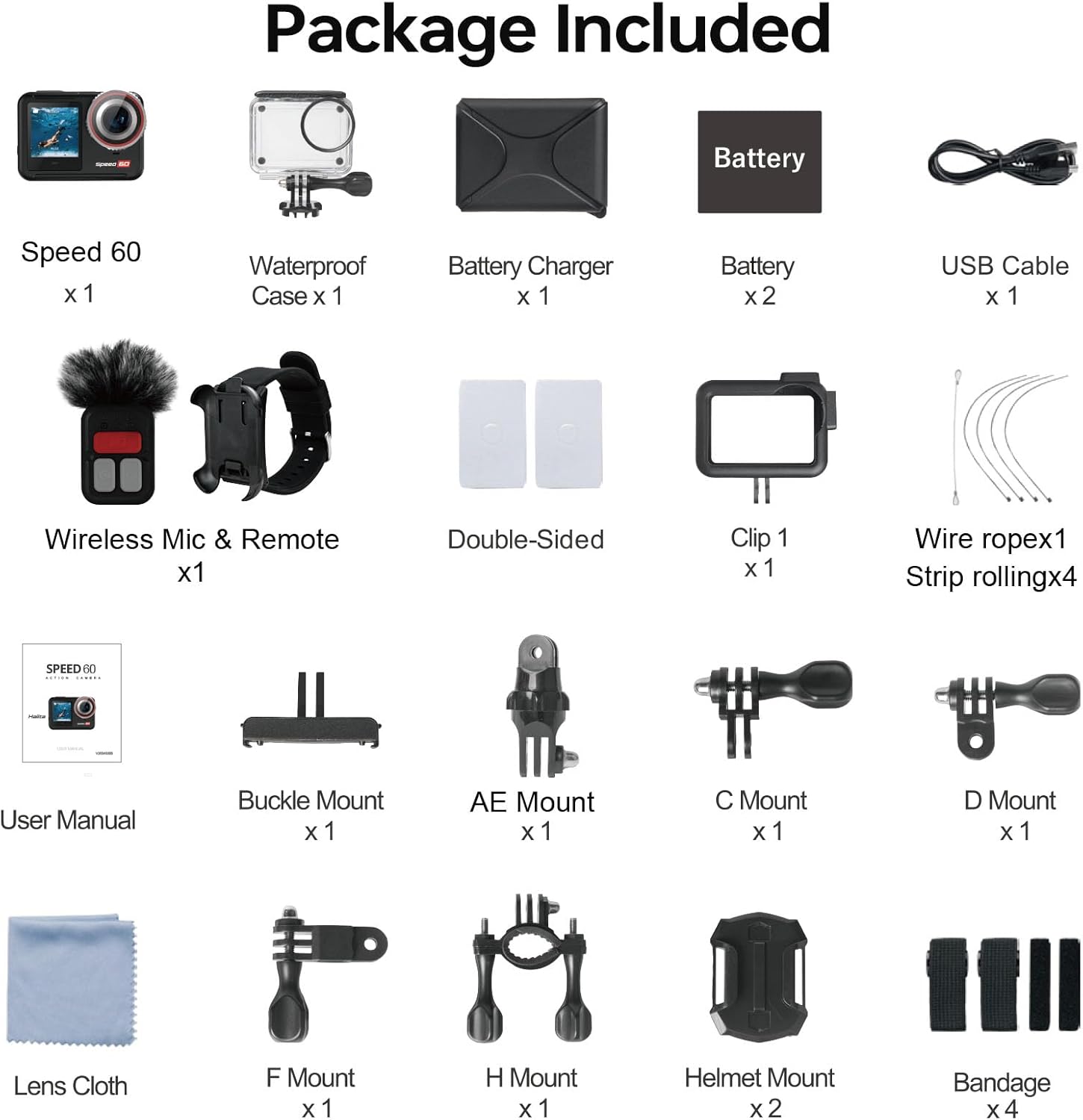 Contents of the Hiicam Speed 60 package laid out, including the camera, waterproof case, batteries, charger, remote, and various mounts.