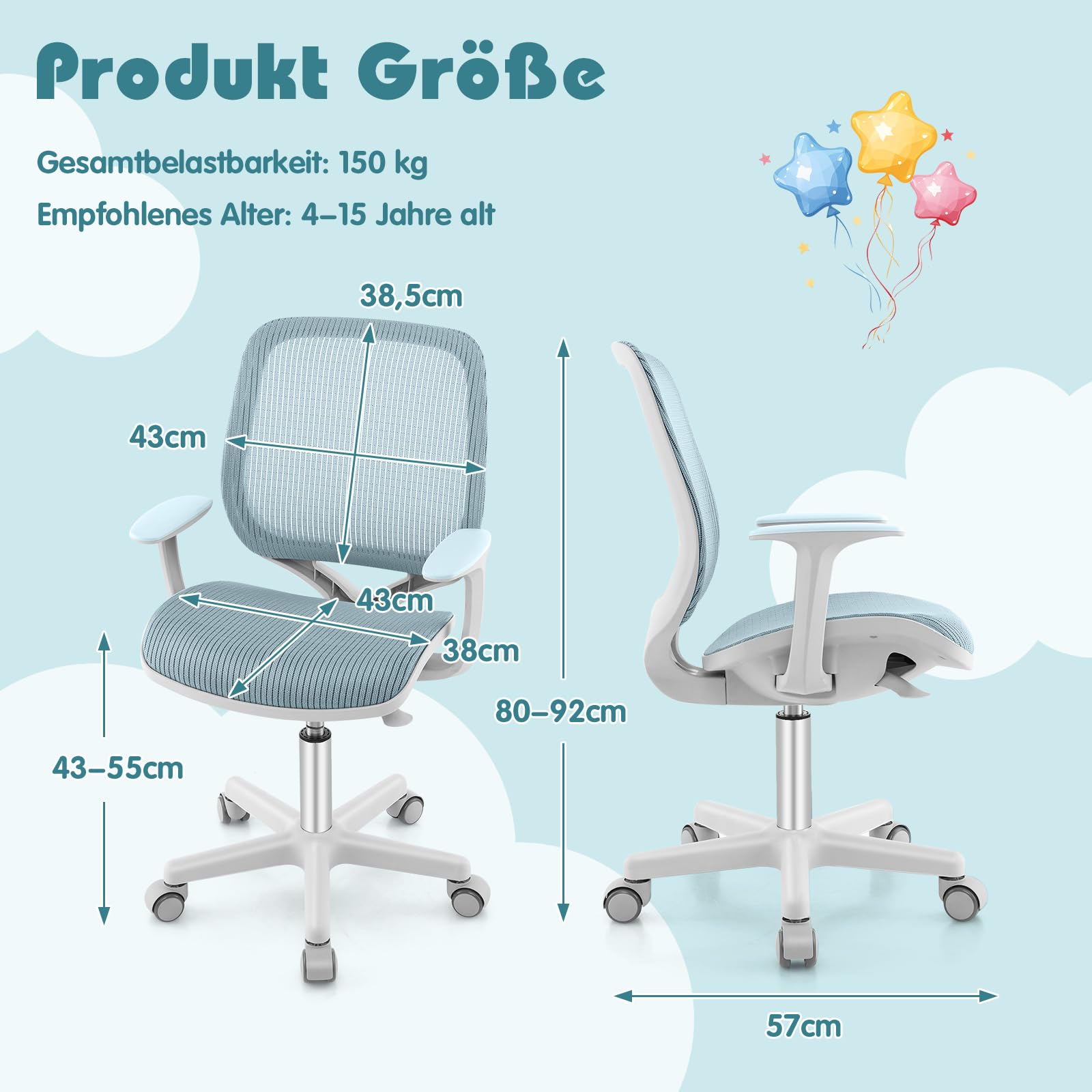GOPLUS Schreibtischstuhl Kinder, Höhenverstellbarer Kinderdrehstuhl, Sitzhöhe 43-55cm, Bürostuhl mit Rückenlehne & Armlehnen & Rädern, Ergonomischer Kinderstuhl für Kinder 6-15 Jahre (Blau)