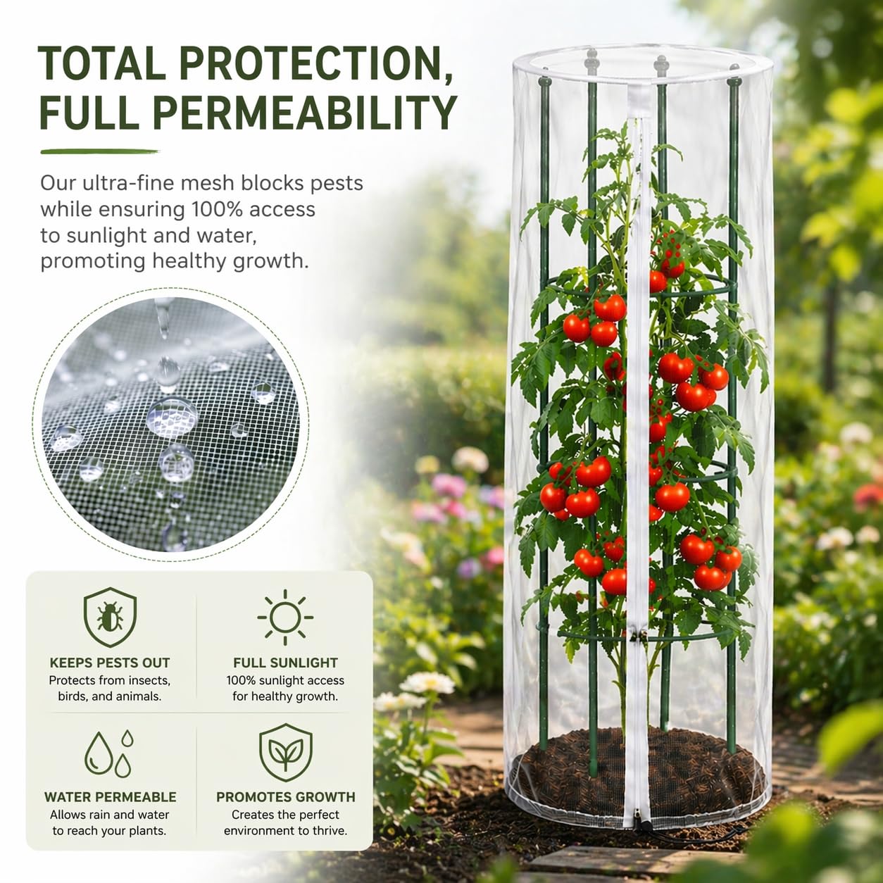 Vogelschutznetz & Insektenschutznetz für Tomaten Rankhilfe und Rankgitter, ohne Gestänge, 3er Set Rundes Pflanzenschutznetz Ø45 × 155 cm, Engmaschiges Gemüseschutznetz mit Reißverschluss und Zugband