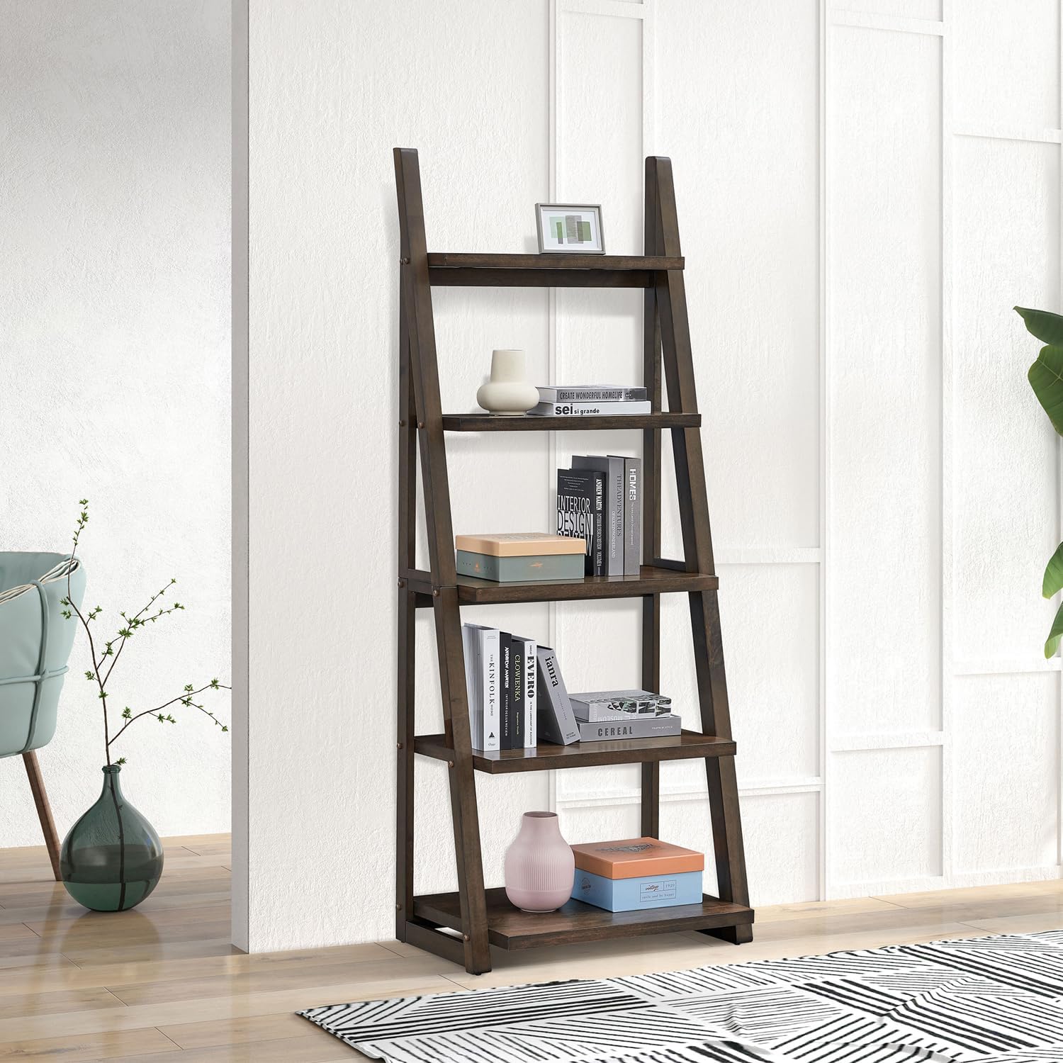 Modern 5-Tier Shelf with Sturdy Rubberwood Frame and Ladder Design Bookcase Ladder Shelf for Living Room, Home Office, Kitchen, Bedroom (Rustic Brown)