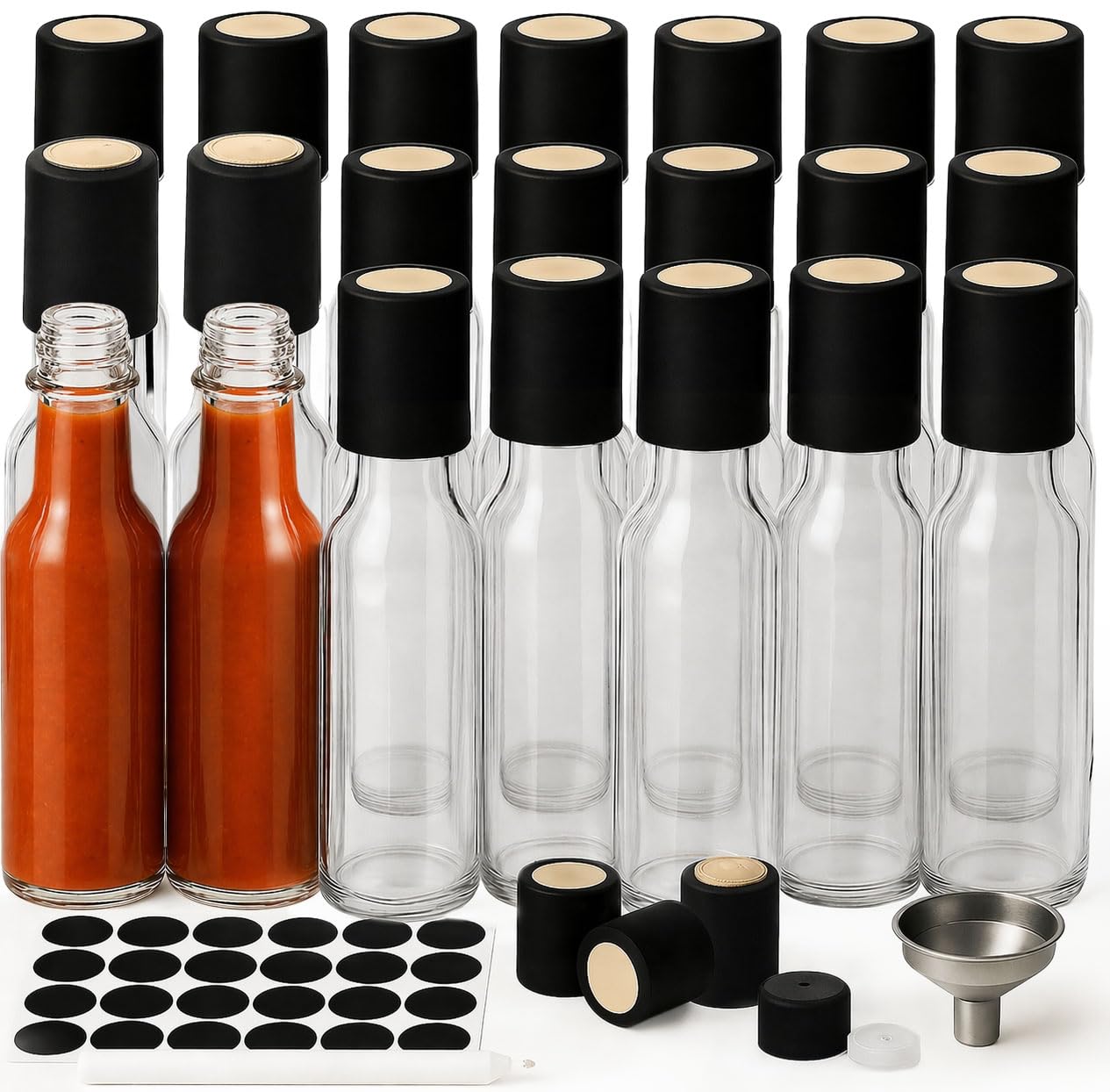 WERTIOO Ölflasche 150 ml, 21 Stk Olivenöl Flasche, Ölspender Glas mit Schrumpfkapseln, Essig und Ölflaschen set Perfekt zum Aufbewahren von Saucen und Getränken