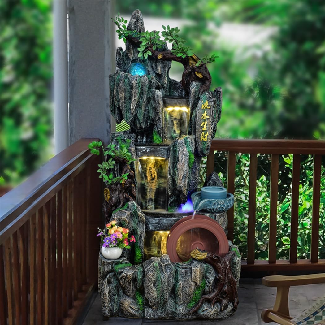 Mountain Waterfall Fountain with LED Lights and Bonsai Accents – Indoor/Outdoor Zen Water Feature for Home, Garden, or Office Decor(B)