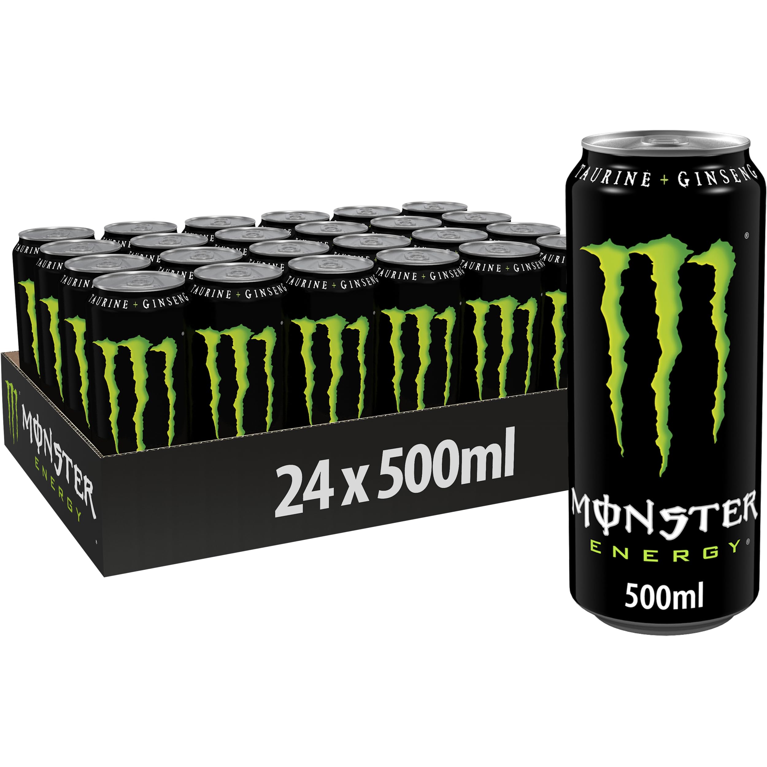 Monster Energy – 24 Lattine da 500 ml, Energy Drink con Ginseng, Taurina, Caffeina e Vitamine Gruppo B, Bevanda Energetica dal Gusto Originale e Fresco Green 500ml