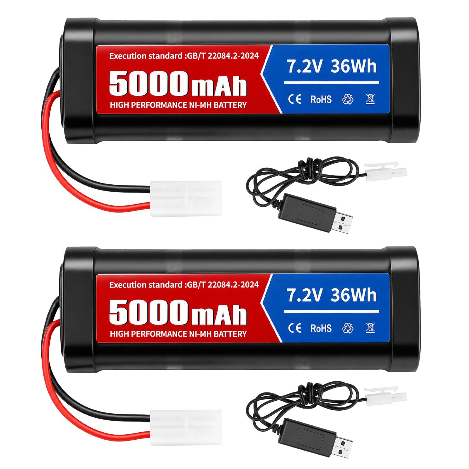 7,2V 5000mAh NiMH Akku, RC Akku mit KET-2P Stecker und USB Ladekabel, Wiederaufladbar Batterie für RC Auto LKW Flugzeug Hubschrauber Boot, 2 Pack