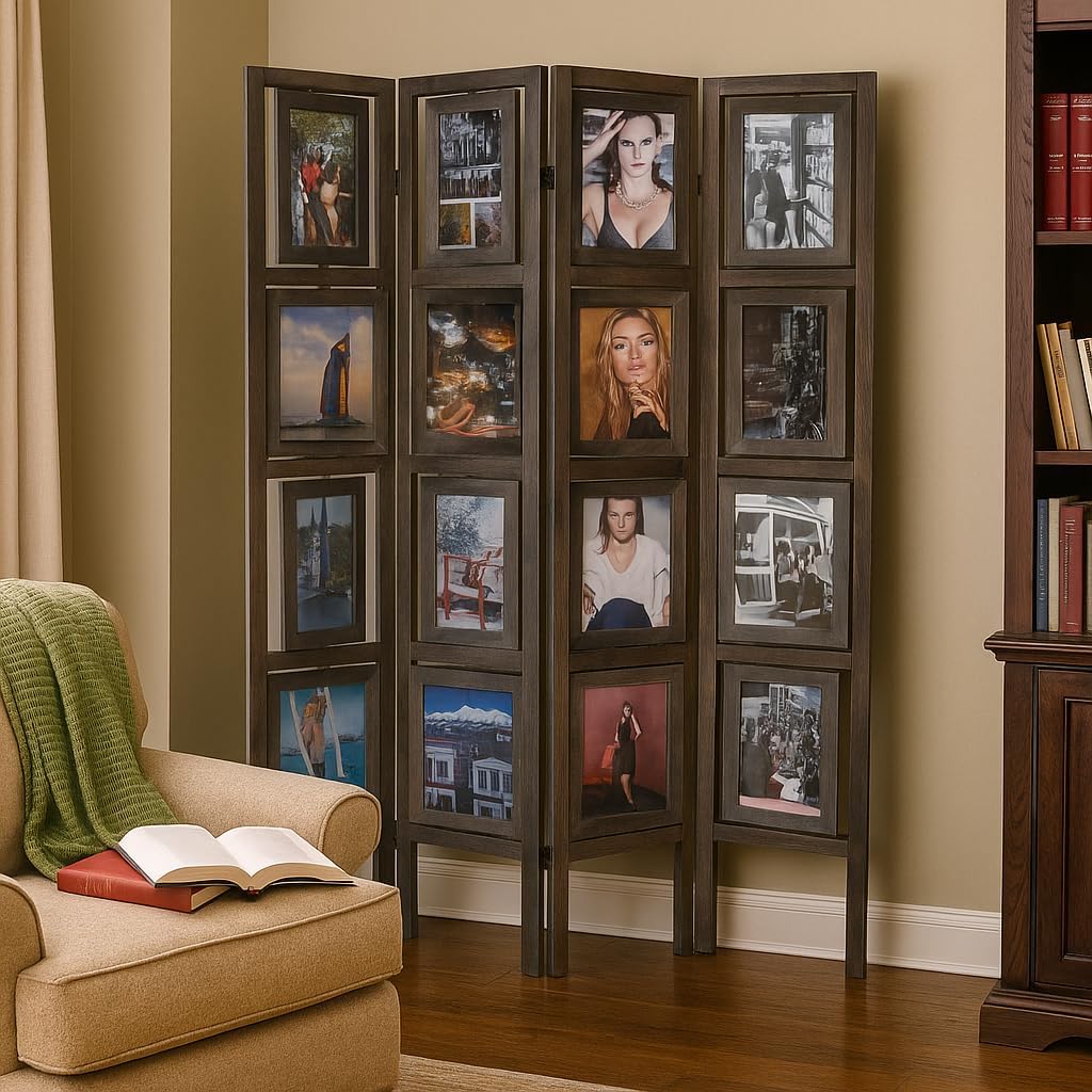 Proman Products Oscar II Scenic 4 Panel Folding Screen Room Divider with 16 Picture Frames to Display 32 Pictures, Paulownia Wood, Smoked Brown Finish, 54" W x 1" D x 67" H (Max Extends)