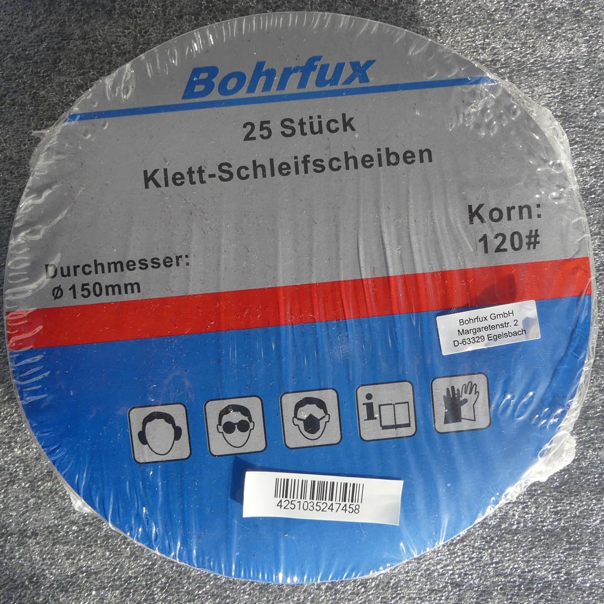 25 discos abrasivos de 150 mm de diámetro, grano sin perforar, P40, P60, P80, P100, P120, P150, P180 y P240, papel de lija de Bohrfux (grano P120)