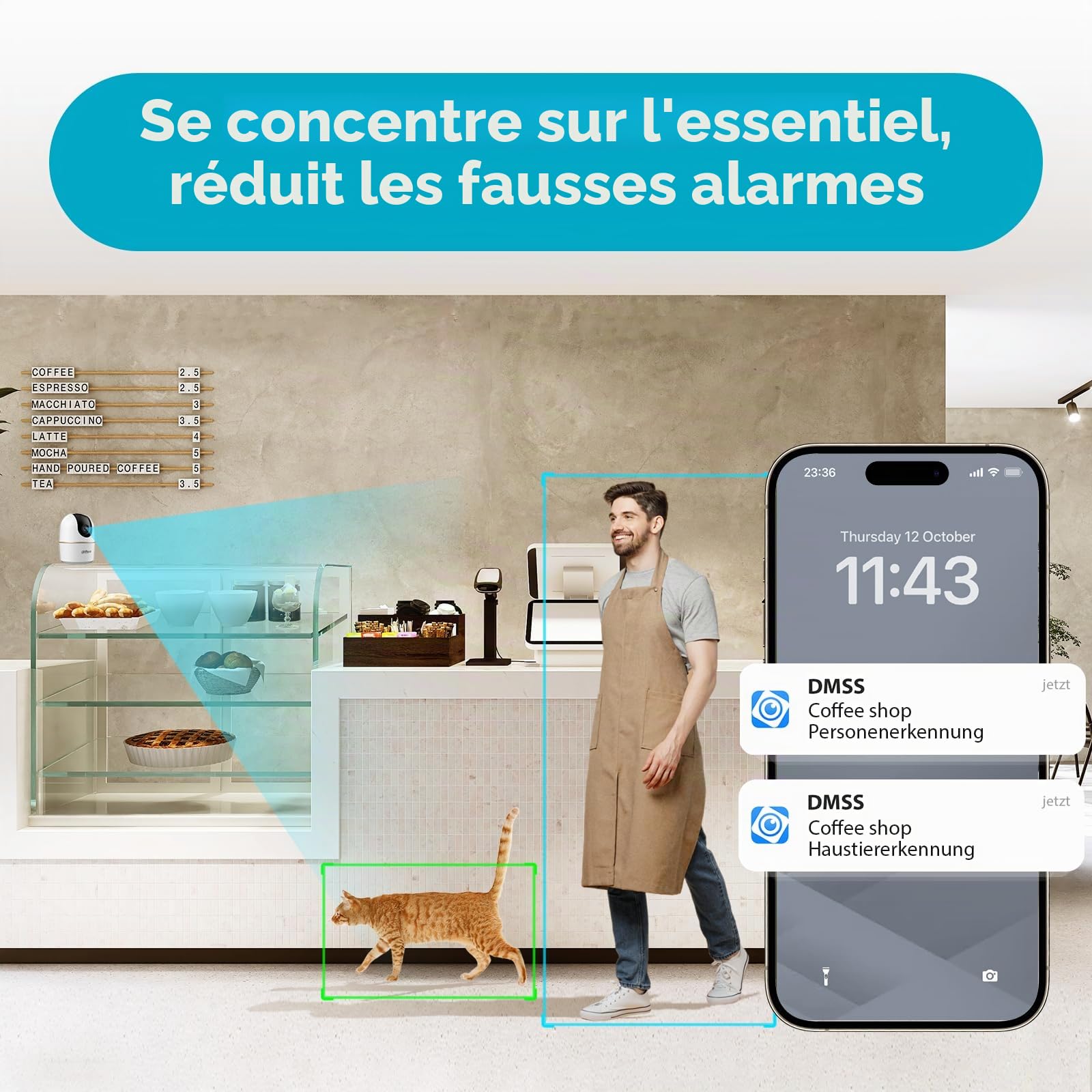 Dahua H5A 5MP 360° Caméra de surveillance intérieure, caméra Wi-Fi 6 de surveillance intérieure avec reconnaissance de personnes IA, caméra Wi-Fi, suivi automatique, vision nocturne, audio
