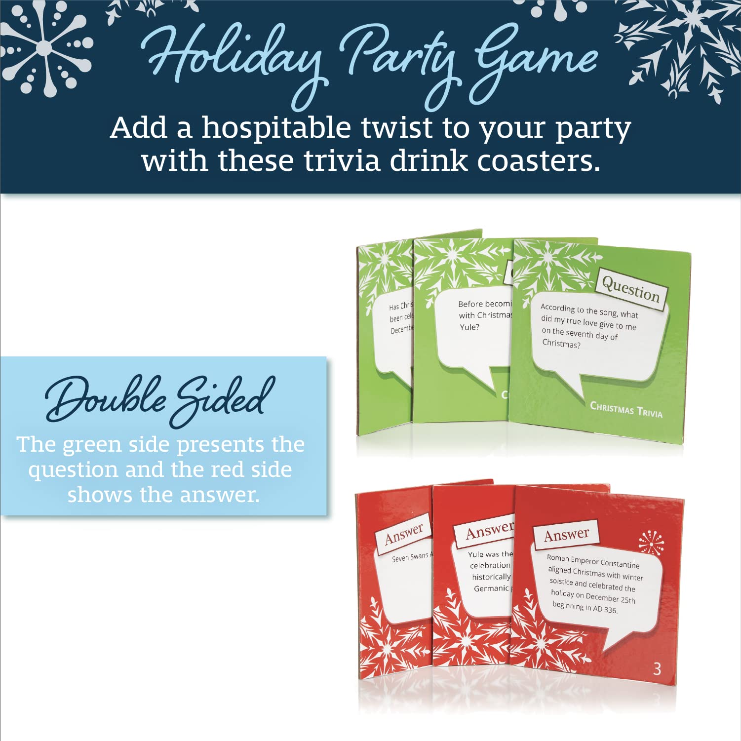 Trivia Holiday Coasters, Set of 20, Drink Coasters with Christmas Questions and Answers, Conversation Starter Cards for Family Gatherings and Holiday Parties