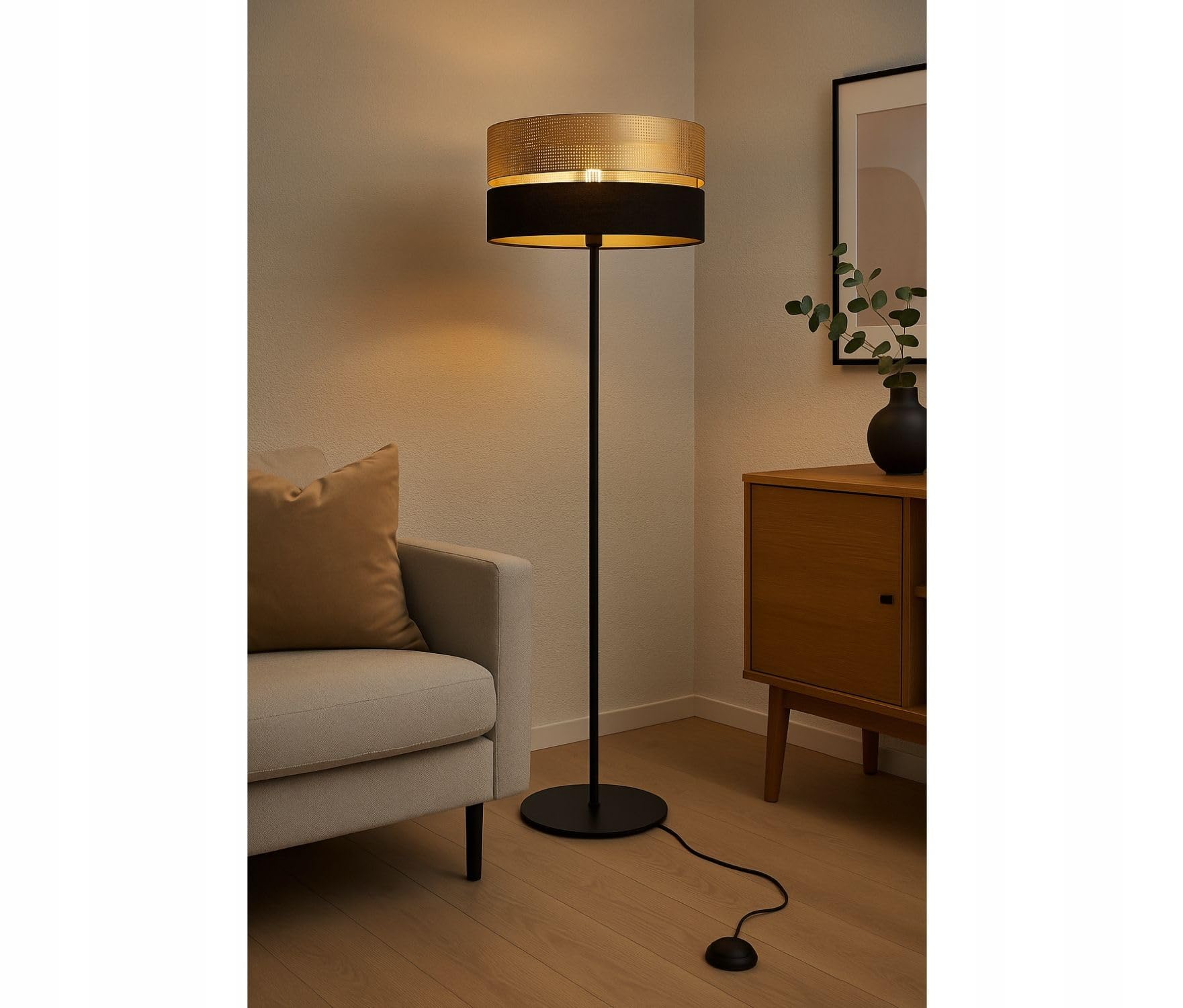 Licht-Erlebnisse Stehlampe Metall Schwarz Gold Büro Arbeitszimmer Schlafzimmer E27 Modern elegant gemütlich edel H:150 cm Stehleuchte Wohnzimmer