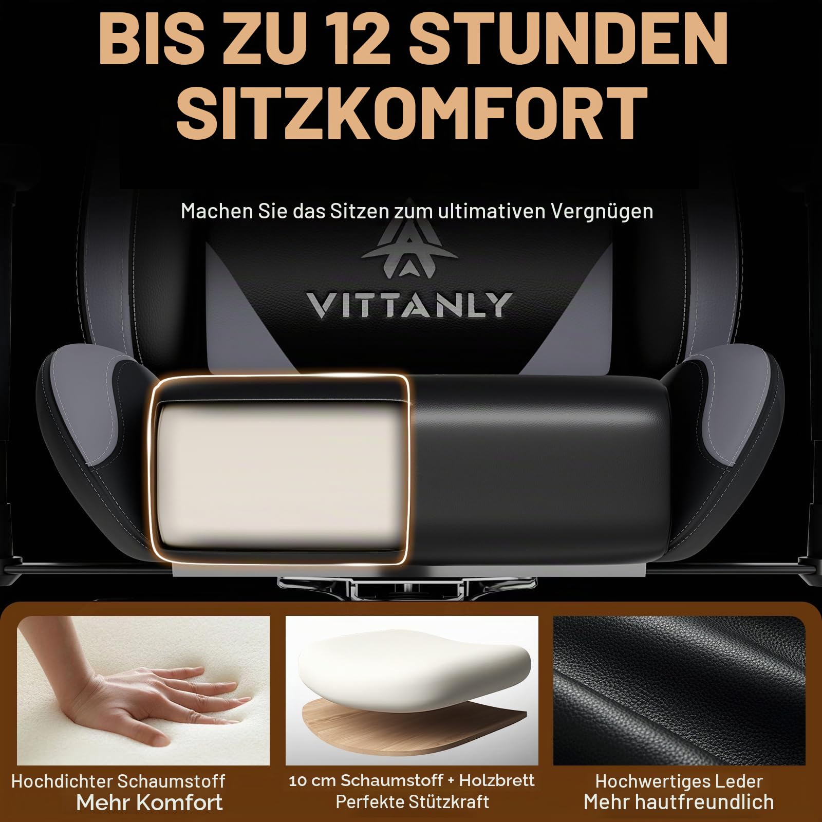 Vittanly Gaming Stuhl, 90-165° Rückenlehne, Tragkraft 150 kg, Grau | Kopfstütze und Lendenkissen, Gaming Chair, Gamer Stuhl, Gaming Sessel, Bürostuh, Schreibtischstuhl