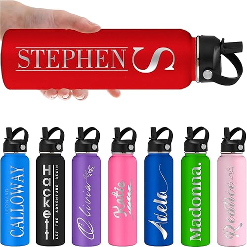 MOUZYLCASE Botellas de agua personalizadas con tapa de pajilla, botella de agua personalizada de 24 onzas, botella de agua aislada con grabado láser