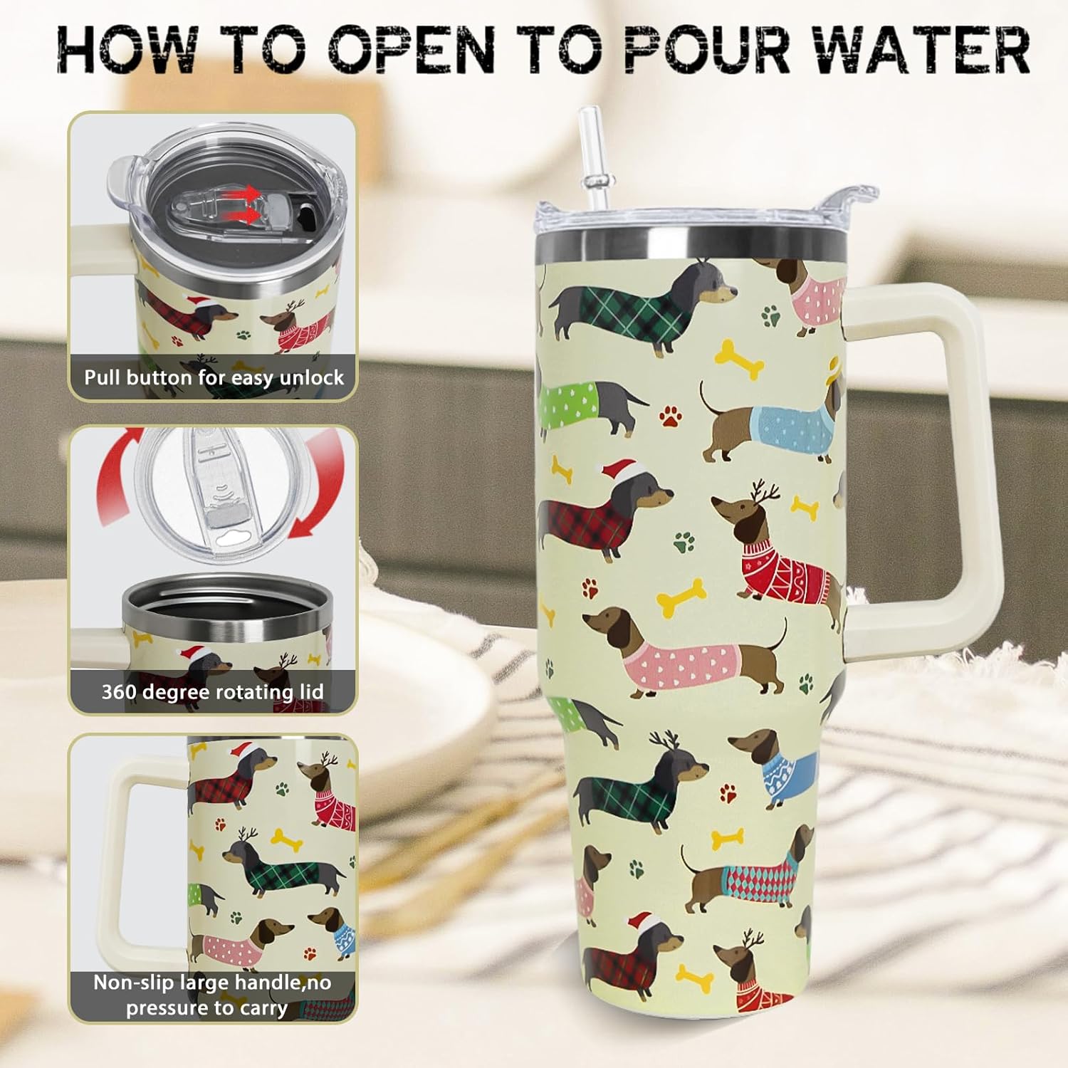 Dachshund Tumbler with Handle and Straw 40 oz Christmas Cup Weiner Dog Coffee Travel Mug Stainless Steel Insulated Water Bottle Xmas Christmas Decor Gifts for Women - Image 5