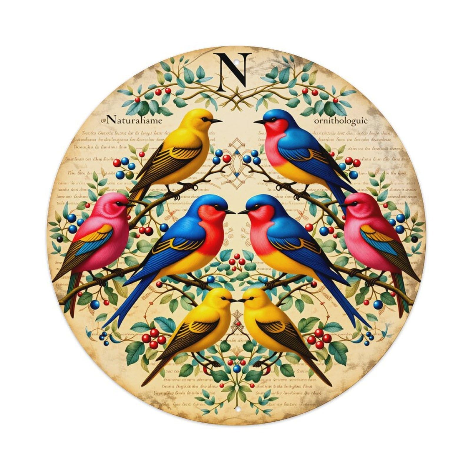 Colorful Birds On Branches With Berries Vintage Metal Tin Sign Retro Wall Decor for Home Bar Garage Cafe, Indoor & Outdoor Decorative，circle Metal Poster, 8x8 Inch