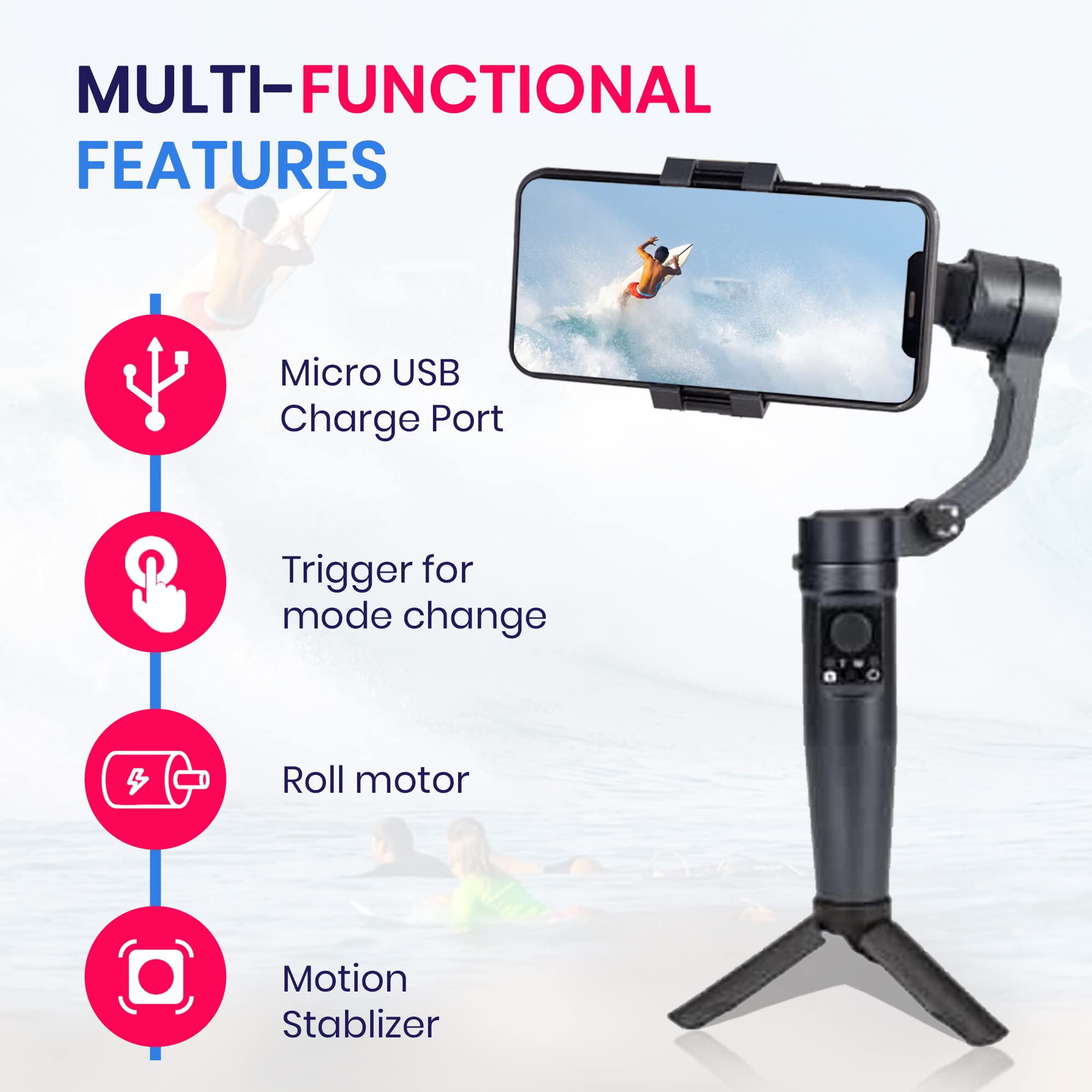 Mobee Pro Cinemashot - Gimbal movil Estabilizador para Smartphone Soporte de teléfono antivibración Gimbal Estabilizador para Móvil de 3 Ejes Trípode estabilizador diseño Plegable y portátil