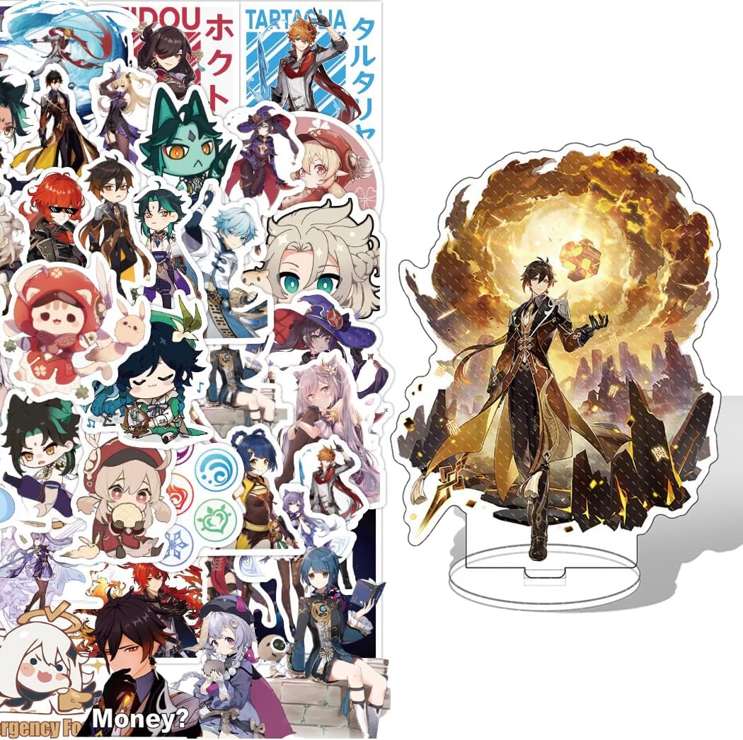 BPA Genshin Impact Stickers 50Pcs+Genshin Impact Figure Acrylic Material Humanoid Stand 6 inches 1Pcs