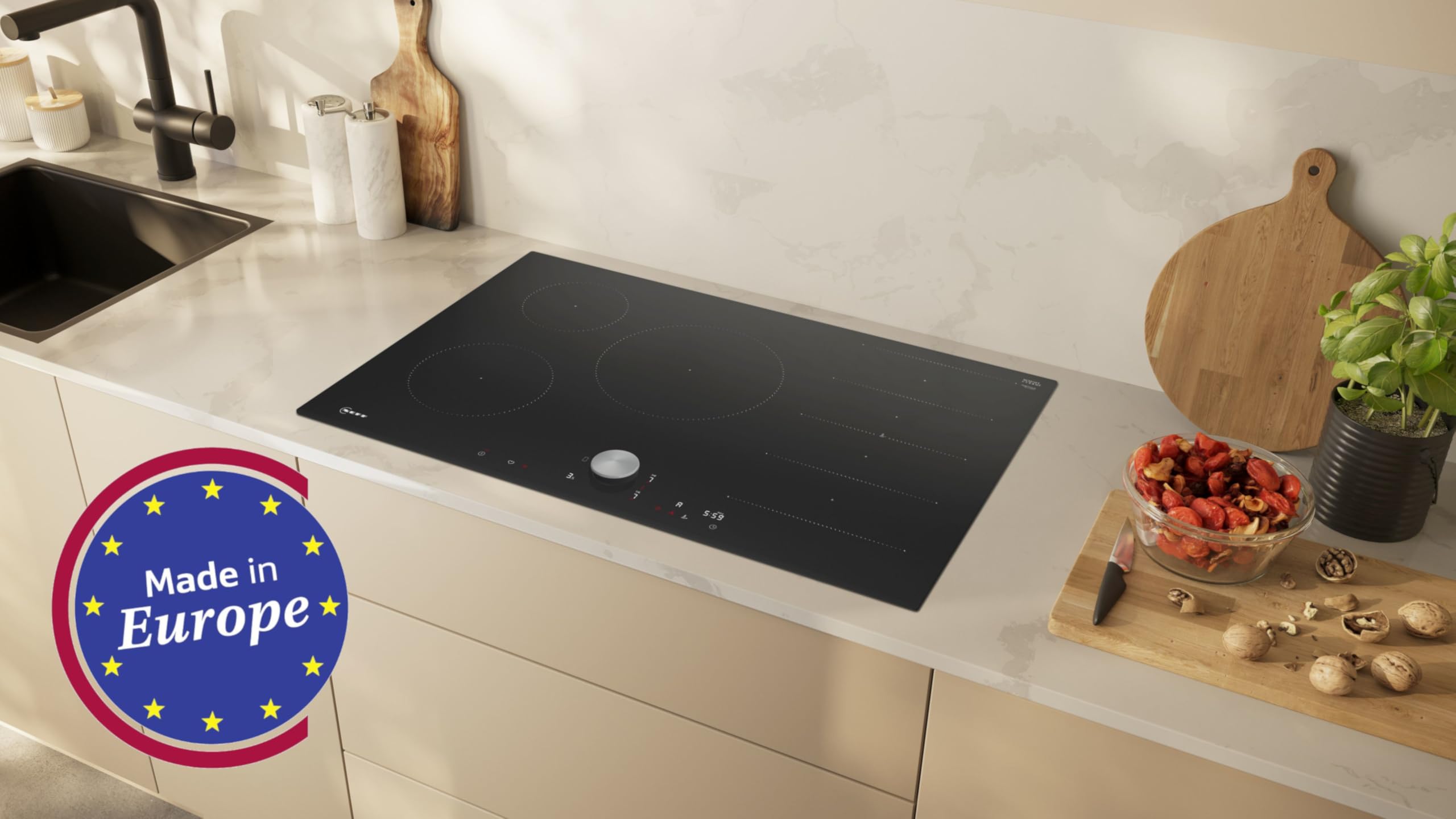 NEFF T68FTV4L0, N 90, Induktionskochfeld, autarkes Glaskeramik-Kochfeld 80 cm breit, Twist Pad, Flex Induction, Home Connect, Smart Hood Automatic, Rahmenlos aufliegend, Schwarz