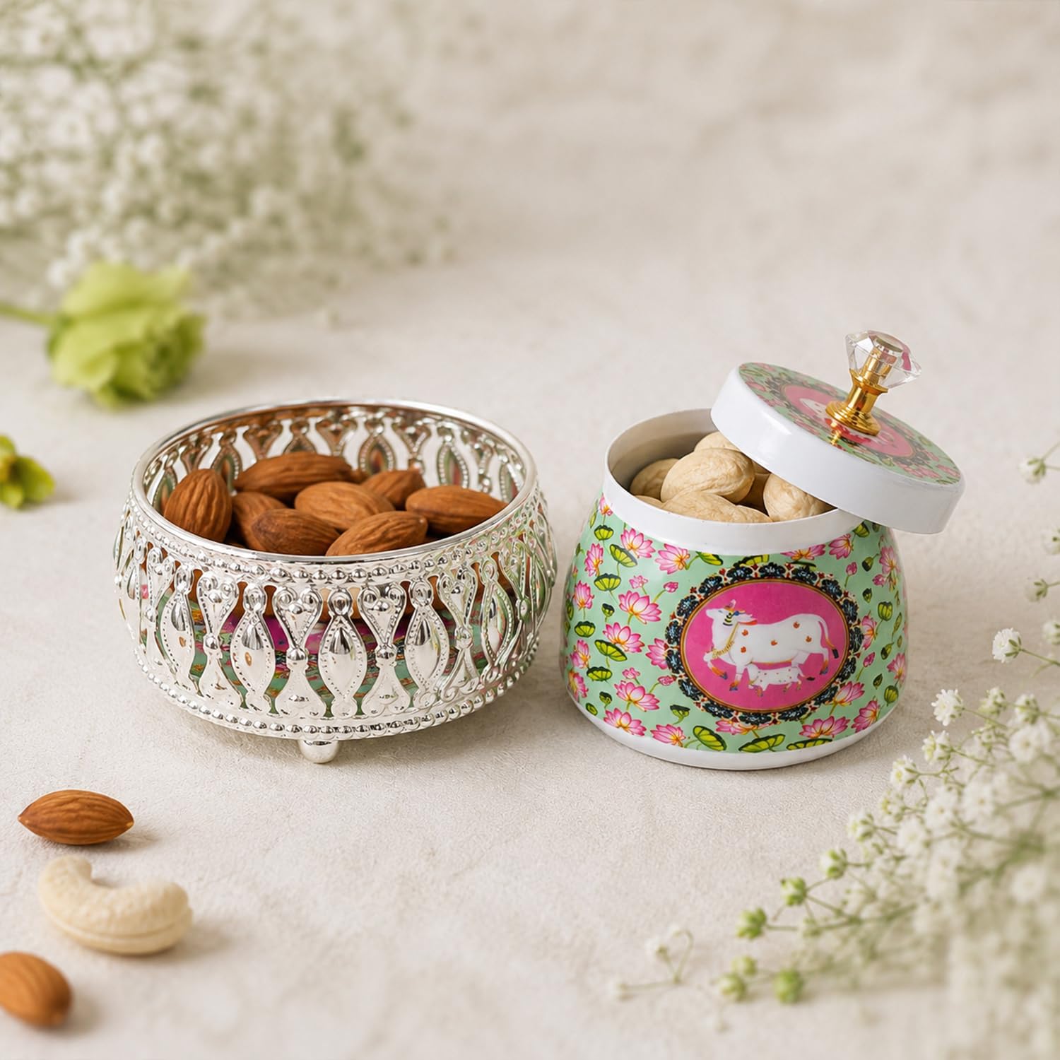 ekhasa traditional pichwai cow tin jar with decorative tray for gifting | metal tin container set, dry fruit jars,traditional return gift for women, wedding, housewarming, baby shower, diwali