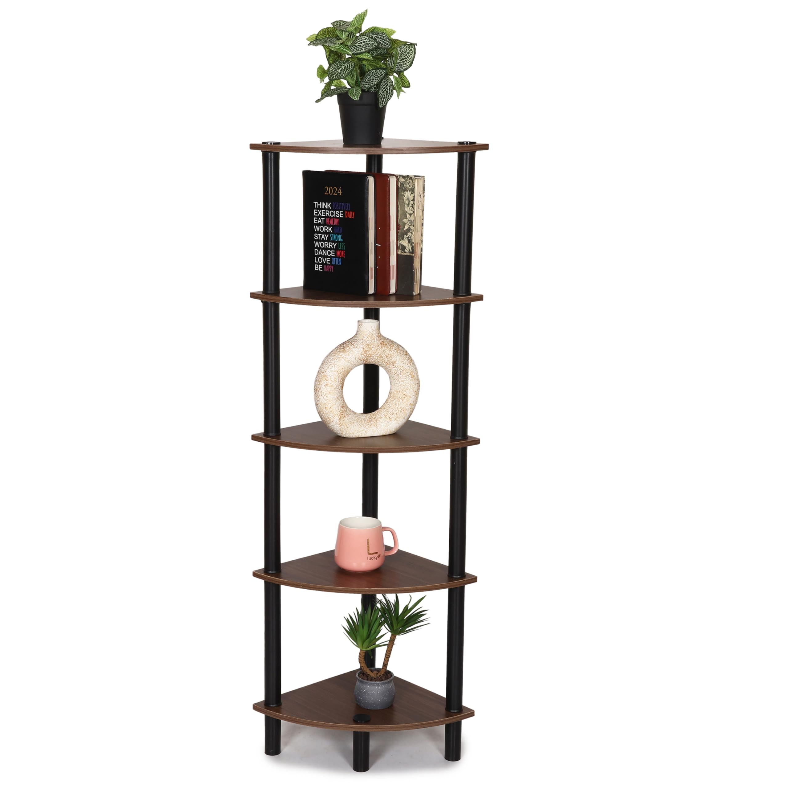 FLIPZON 5 Tier Freestanding Wooden Corner Display Rack Multipurpose Shelving Unit with Turn - N - Tube Design (Walnut Brown)-image-19