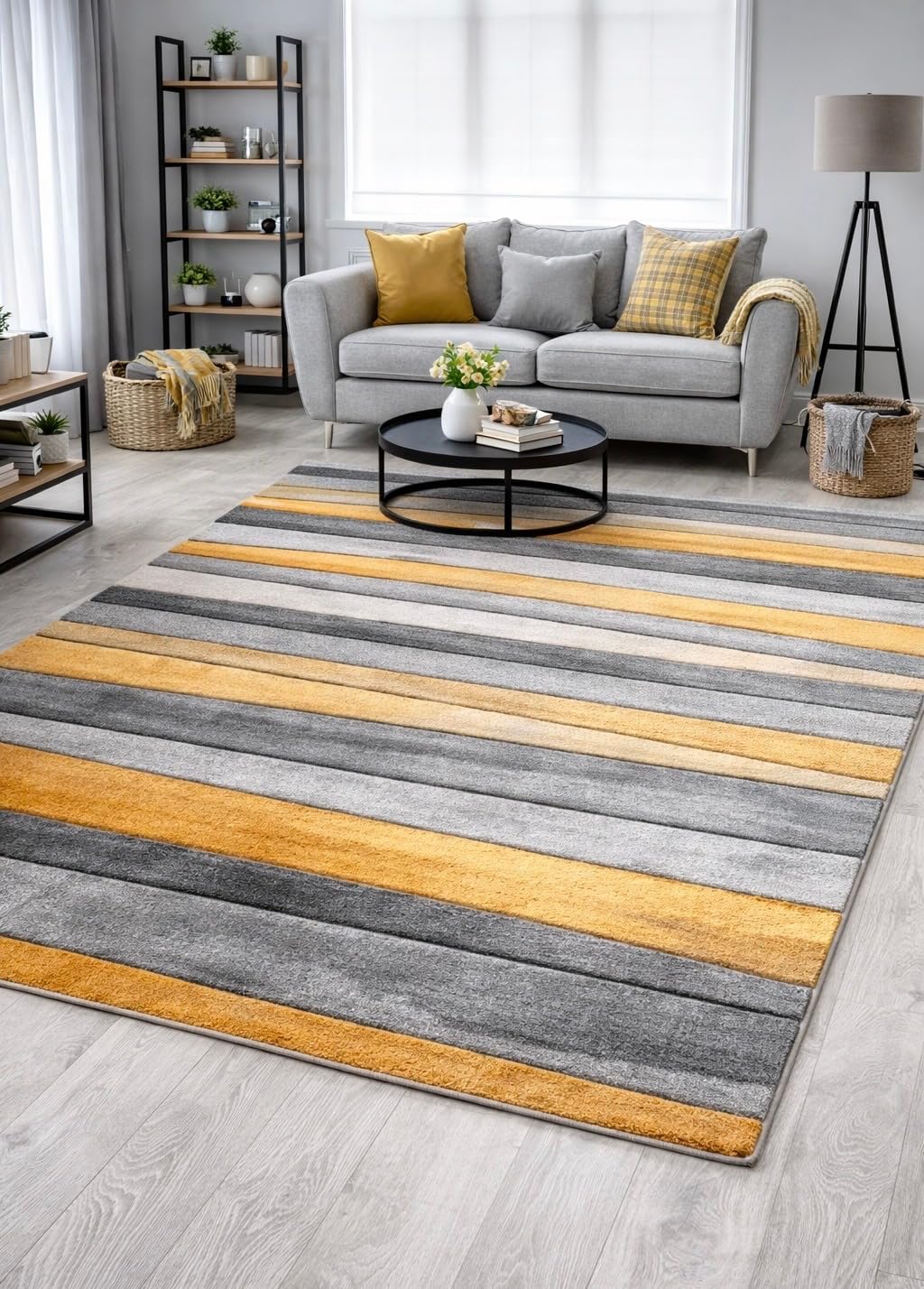 New Small Large Mustard Ochre Silver Grey Wave Design Area Rugs Mats (160x220cm)