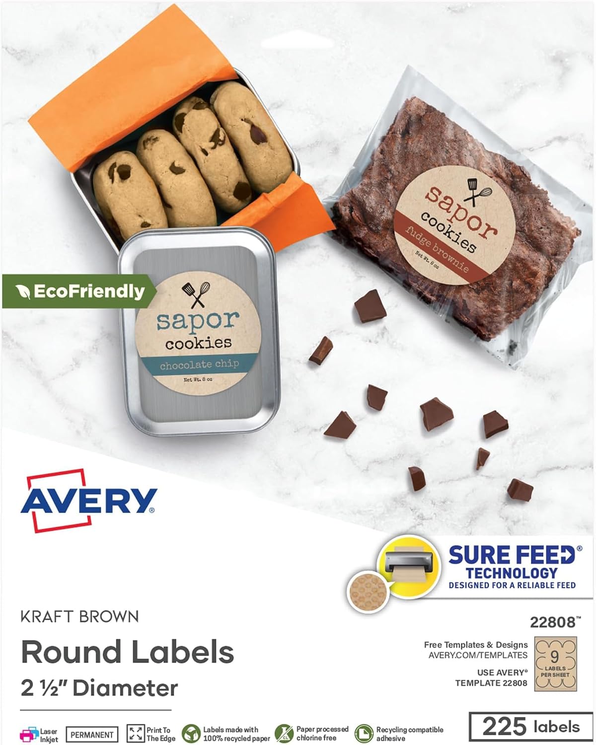 Avery Kraft Brown Round Labels with Sure Feed Technology, 2.5" Diameter, Print to the Edge, Laser/Inkjet Printable Labels, 225 Total (22808)