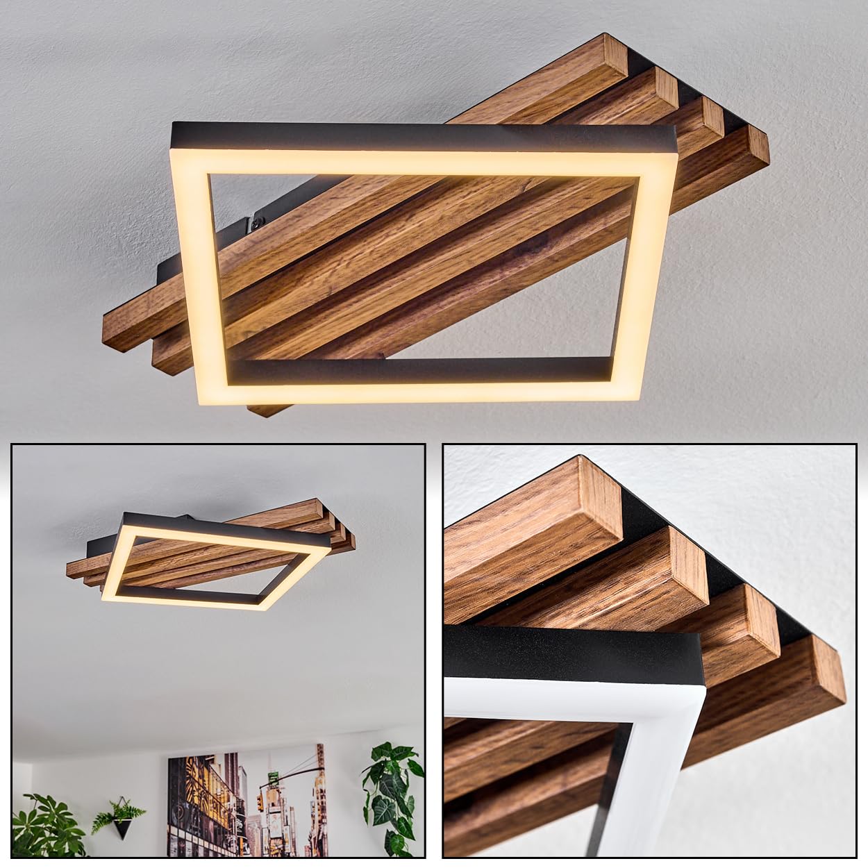 HOFSTEIN LED Deckenleuchte Ellekilde, Deckenlampe aus Metall/MDF/Kunststoff in Schwarz/Holzoptik/Weiß, 12W, 3000 Kelvin, Leuchte im modernen Design für Schlafzimmer, Esszimmer, Wohnzimmer, Küche, Flur