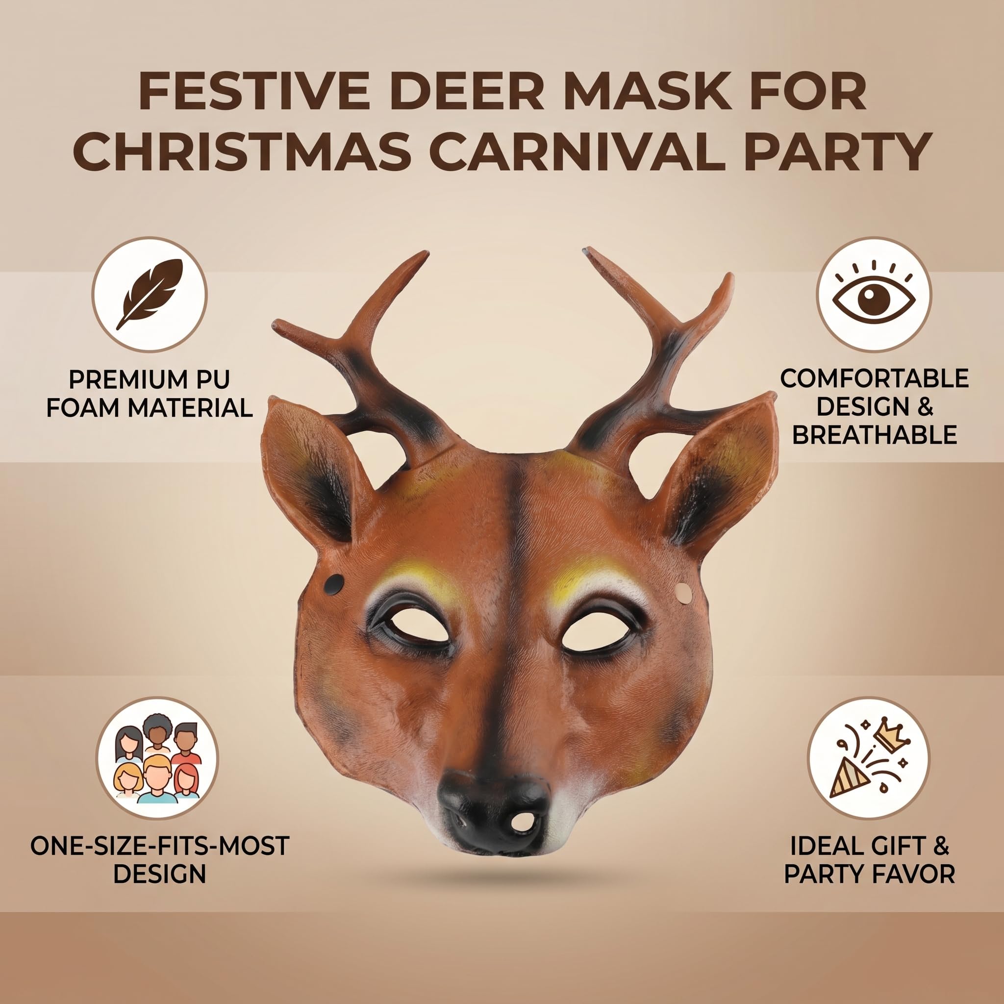 RIZGHWOY Masque de Cerf, Masque D'animal Léger et Confortable Fait à la Main en Mousse PU pour le Costume D'Halloween de Carnaval de Fête (BROWN RIZGHWOY Masque de Cerf, Masque D'animal Léger et Confortable Fait à la Main en Mousse PU pour le Costume D'Halloween de Carnaval de Fête (BROWN