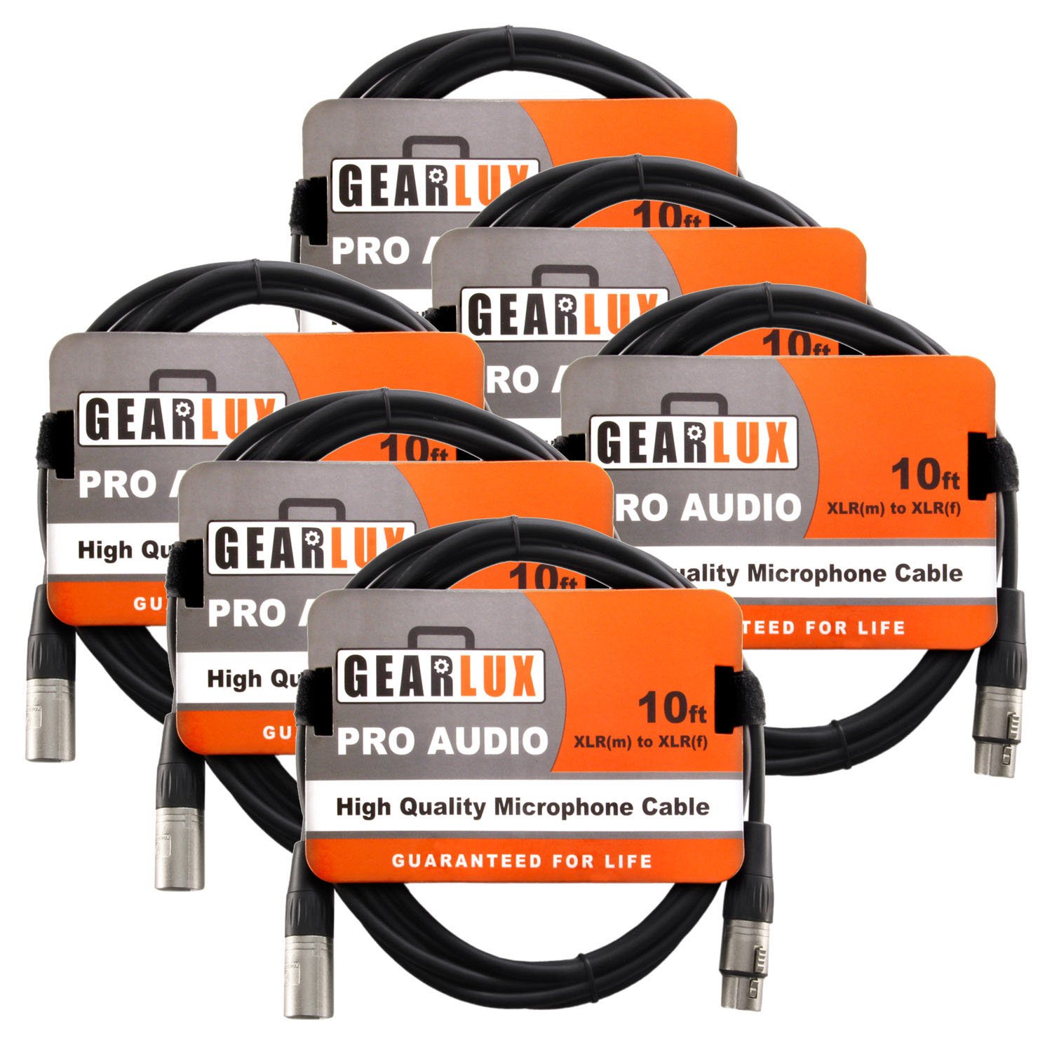 Gearlux XLR Microphone Cable, Fully Balanced, Male to Female, 10 Feet - 6 Pack