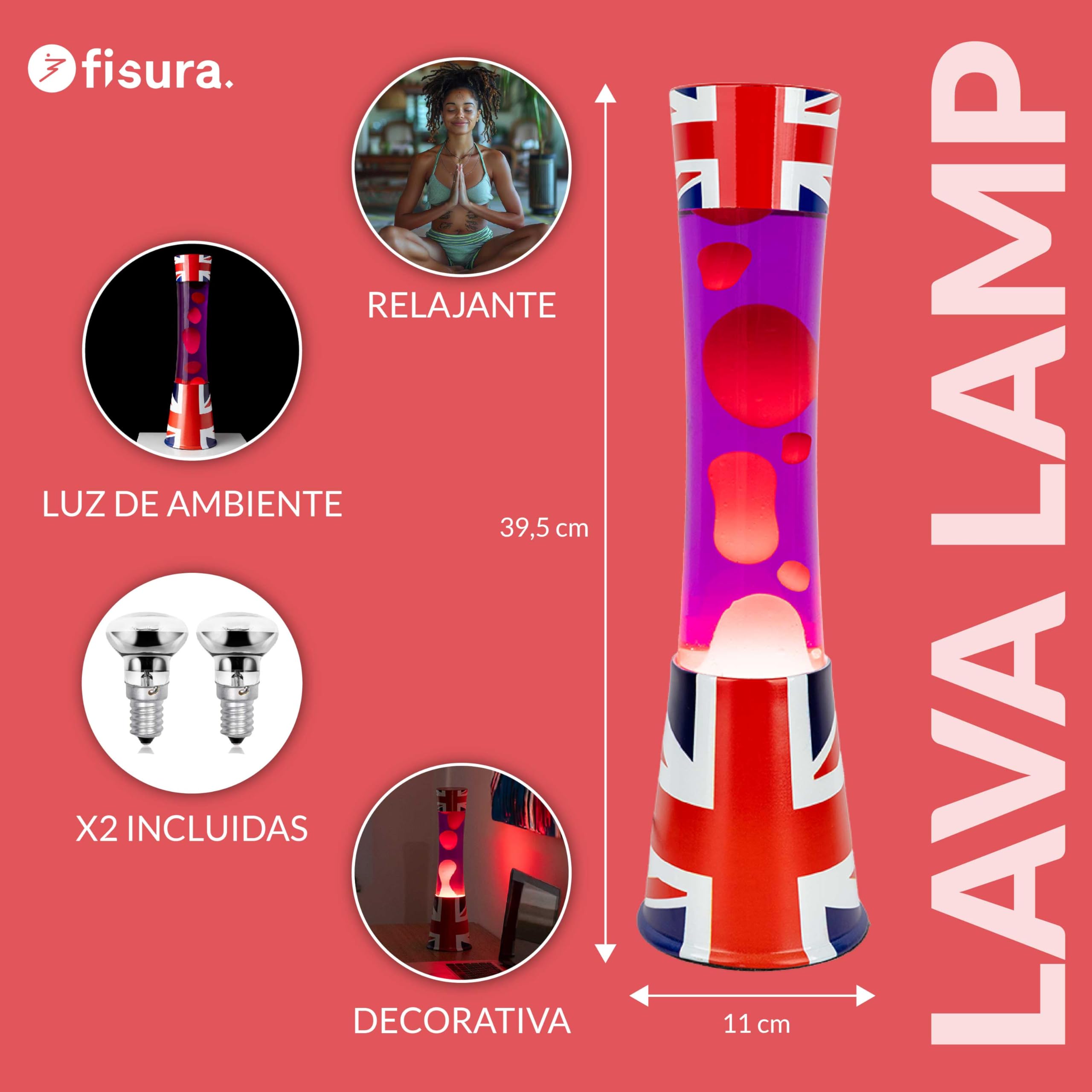 Fisura - Lámpara de lava bandera Reino Unido. Base con patrón de bandera, líquido morado y lava roja. Lámpara de efecto relajante. Con bombilla de repuesto. 11 cm x 11 cm x 39,5 cm.