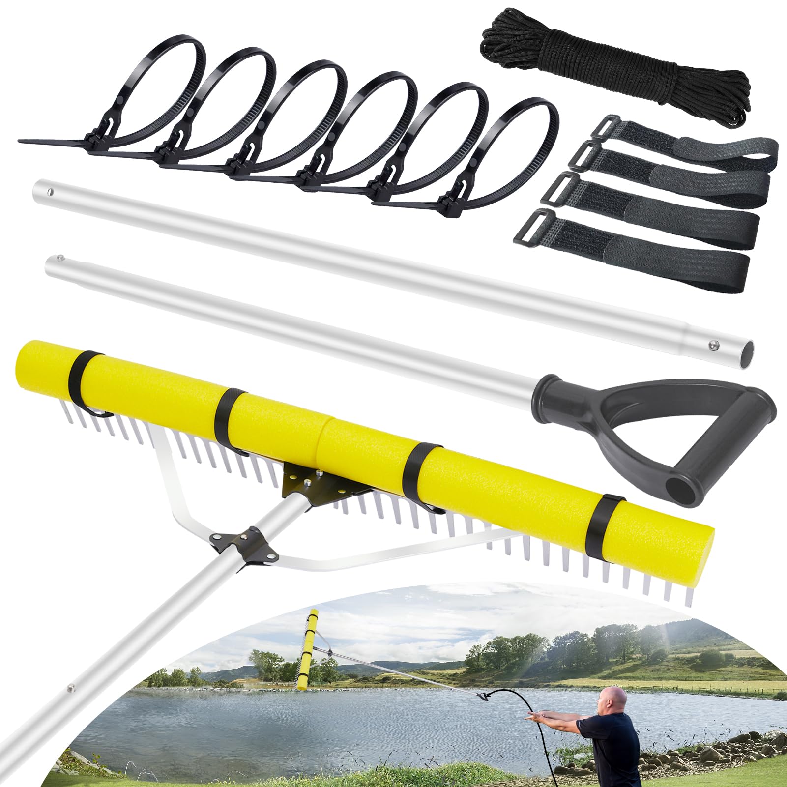 Pond Rake Aquatic Weed Rake,Detachable Float Lake Rake,Aluminum Landscape Rake for Outdoor Pond with Extension Rope, Weed & Algae Removal,Upgraded Rake foam fixing velcro & carabiners