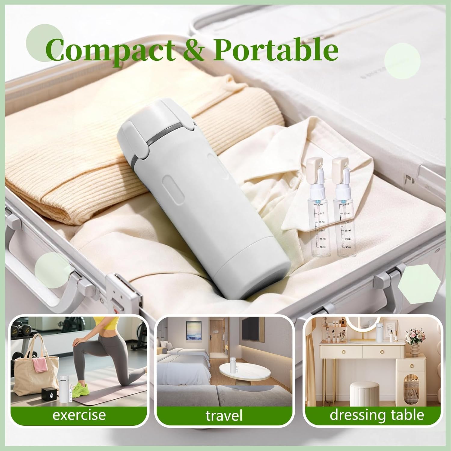 4-in-1 Travel Dispenser Bottle, Portable Cosmetic Dispenser Containers for Shampoo Lotion Conditioner Cream, Leak Proof Travel Dispenser, 30ML (Green & White)