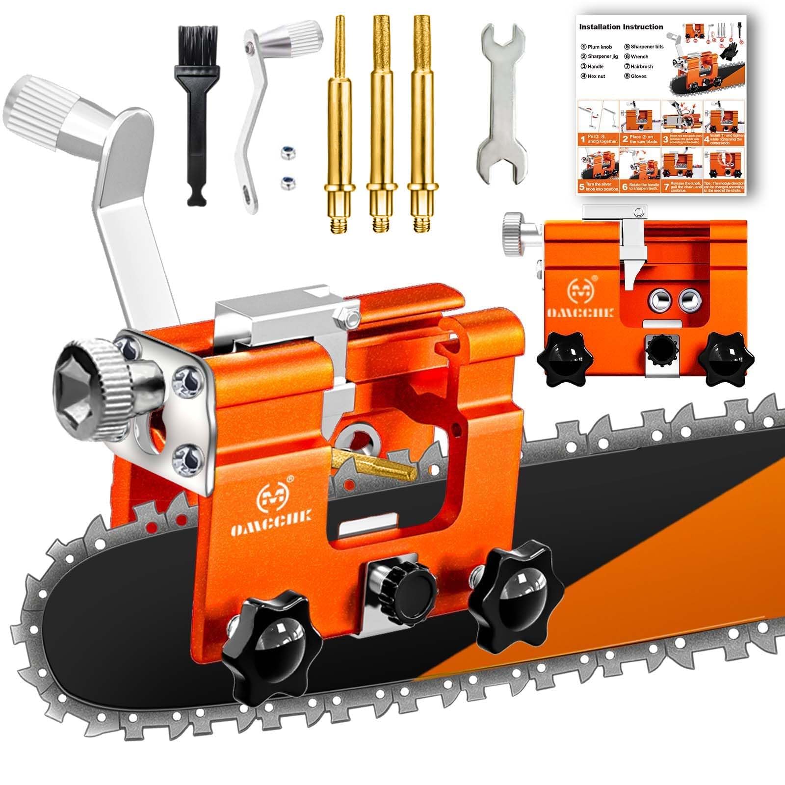 Chainsaw Sharpener Jig Kit, Portable Chainsaw Sharpening Tool with Gloves, 3 Burr Grinding Stone &amp; Cleaning Brush, Hand Crank Chainsaw Sharpener for Chain/Electric Saw, Lumberjack