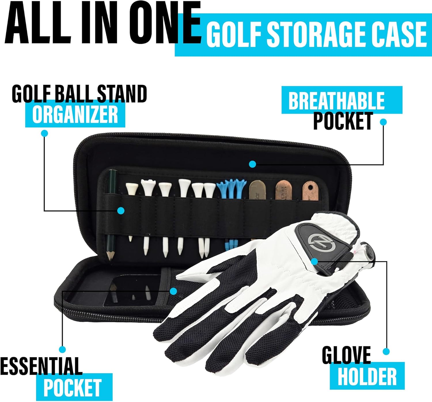 Golf Glove Holder Case - Durable EVA Hard Shell Organizer with Glove Shaper, Weather-Resistant Design for Tees, Phone, Keys & Tools – Compact & Breathable