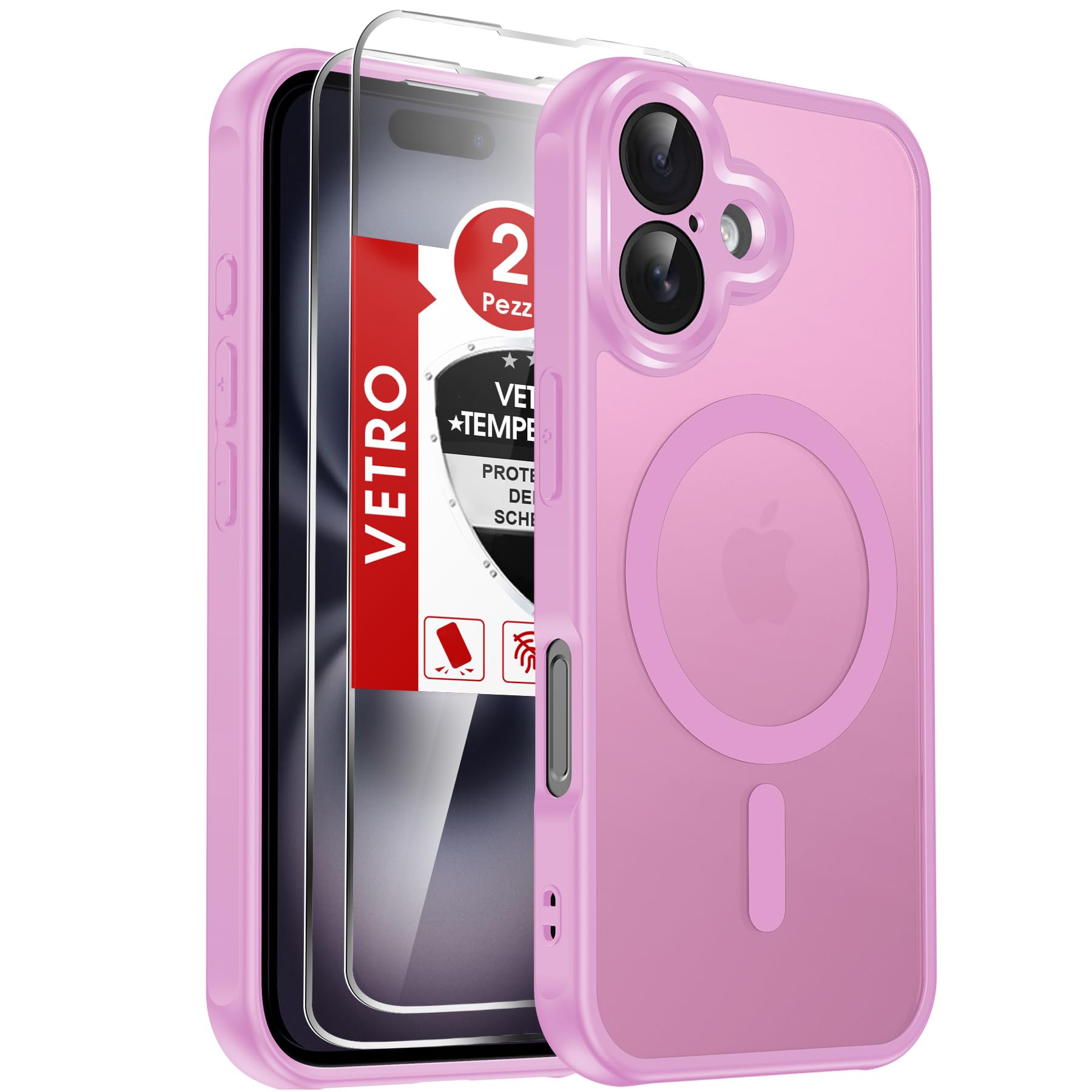 LeYi Cover Magnetica per iPhone 16 con 2 Pezzi Vetro Temperato(Rosa) | Custodia per iPhone 16 Traslucida Opaca Anti-Impronte Resistente ai Graffi Paraurti in TPU Antiurto Protettiva Case 6,1''