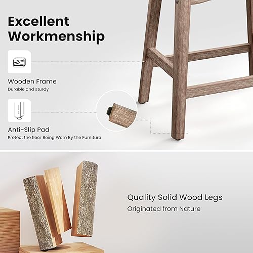 Miniatura 6 de PHI VILLA Juego de 2 taburetes de bar de granja, herramientas de madera con asiento tapizado, taburetes de 24 pulgadas para encimera de cocina,