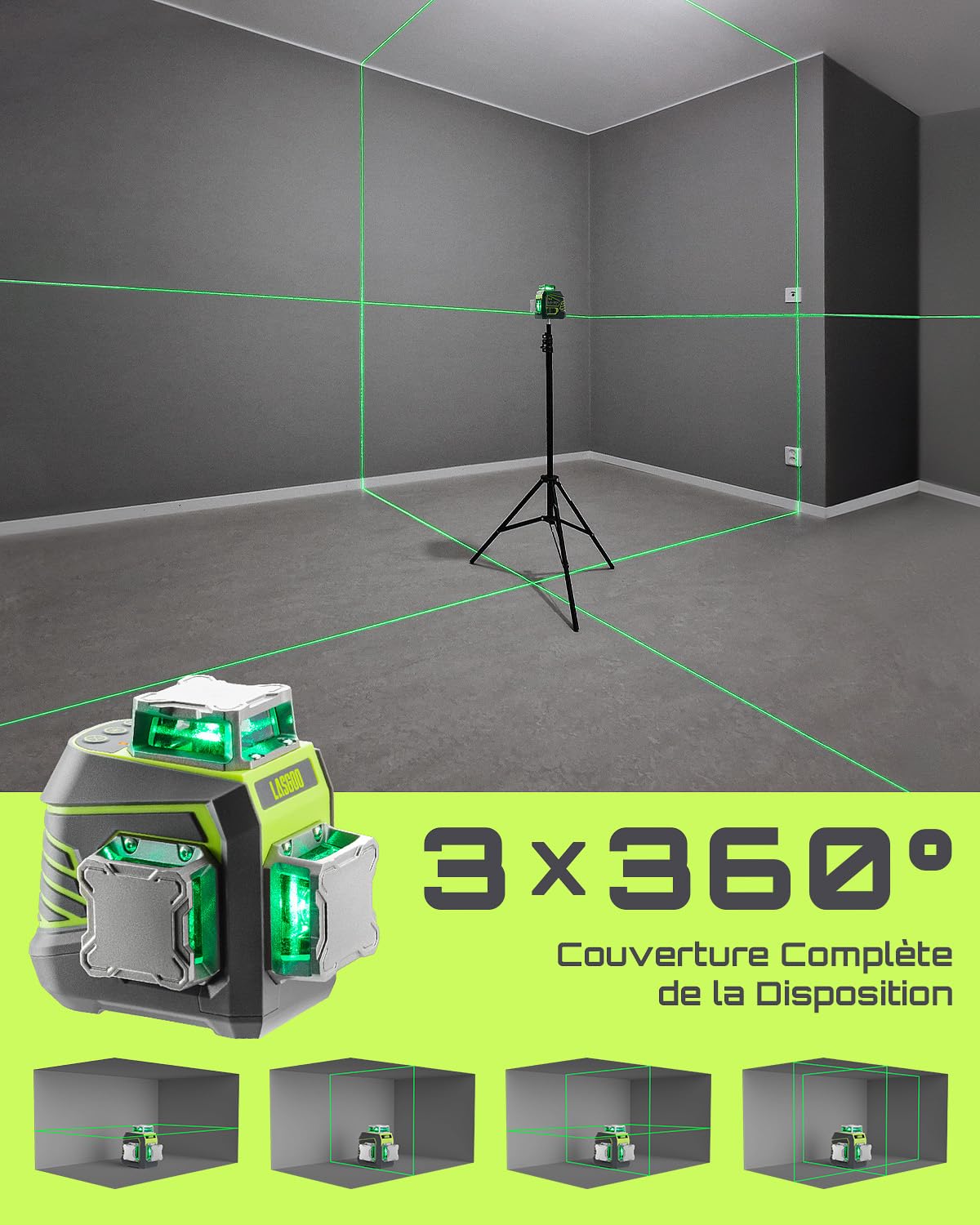 LasGoo Niveau Laser 3x360° Auto-nivelant, Laser à Lignes Croisées Vertes pour la Construction et l'Accrochage de Photos, Batterie Rechargeable, Télécommande, Support Rotatif Magnétique Inclus - LG-3Dx