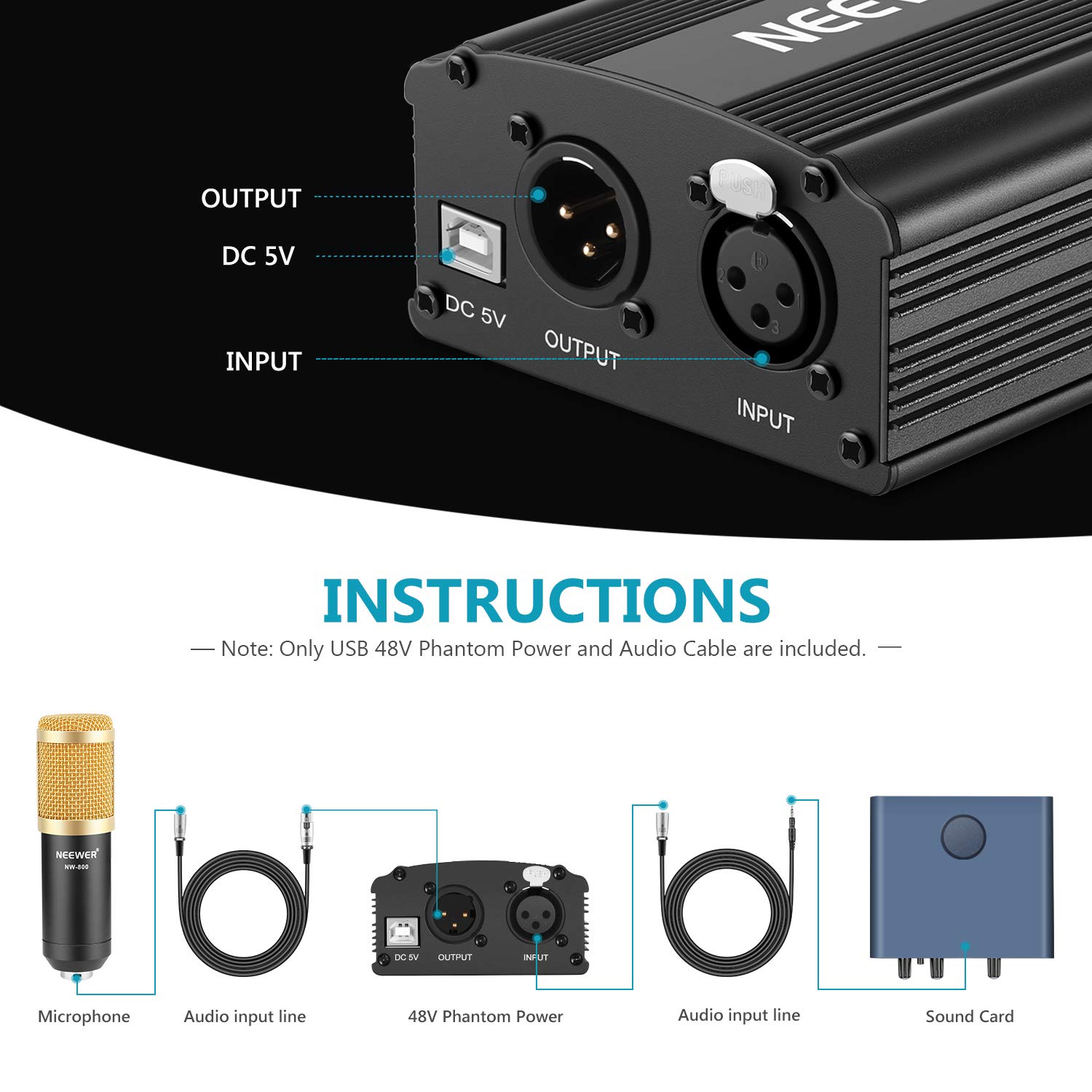 Neewer 1-Canal 48V Fuente de Alimentación Fantasma con 1,5 metros USB Cable, BONUS+XLR 3 Pin Cable de Micrófono para Cualquier Micrófono Equipo Grabación Música