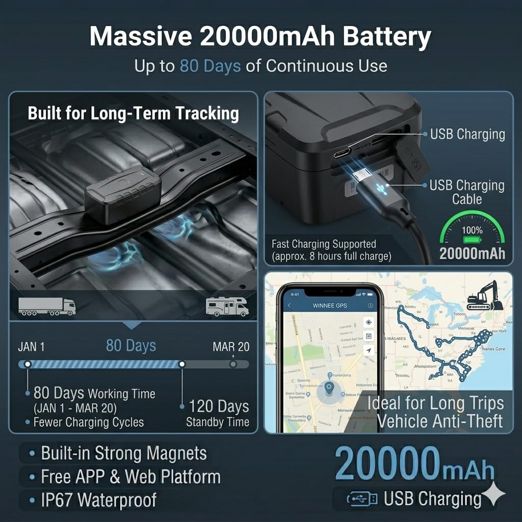 TKMARS TK918 GPS Tracker Auto 20000mAh - Localizzatore Con App Gratuita Senza Abbonamento, Magnetico, Antifurto, Posizione in Tempo Reale per Auto e Moto