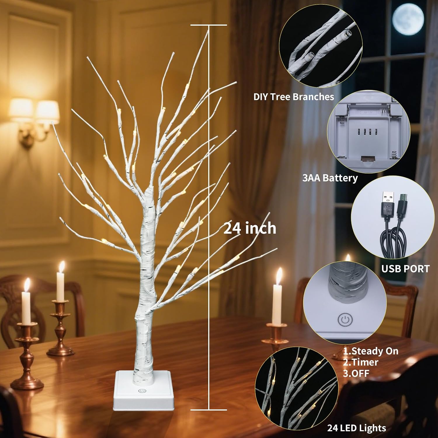 Artificial Tree for Christmas Decorations, 2FT 24LED Warm White Light Up Birch Tree, Warm White Fairy Lights Spirit Tree Lamp for Home Indoor Tabletop Centerpiece, Battery Powered, Timer