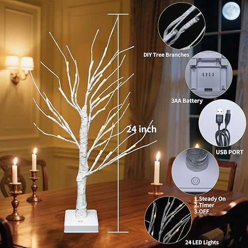 Miniatura 2 de Árbol artificial para decoraciones de Navidad, 2 pies, 24 luces LED de color blanco cálido, árbol de abedul con luz blanca cálida, lámpara de árbol