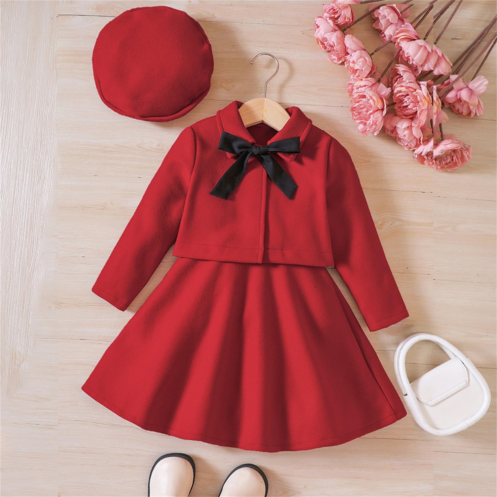 Completo 4 Anni Elegante Set da Tre Pezzi per Bambina, con Fiocco, Manica Lunga, in Lana, Gilet, Cappello, da 1 a 6 Anni Felpa Rossa 2 Anni