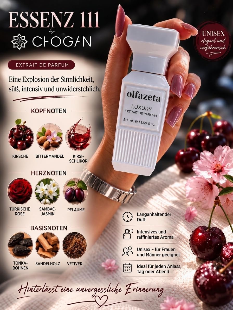 Chogan Olfazeta Nr. 111 Luxury Extrait de Parfum – Unisex für Damen & Herren – 50 ml – Langanhaltender Luxusduft mit intensiver Schwarzkirsche, Bittermandel & Tonkabohne – Edel & Süß