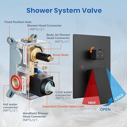 Miniatura 5 de Airuida Juego de grifos de ducha de montaje en techo negro mate, cabezal de ducha SUS304 de 12 pulgadas, juego de accesorios de ducha de cuerpo