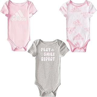adidas Baby Girls Essential 3pk Short Sleeve Bodyshirt Set Sweatsuit, Pink/White/Grey, 6M US