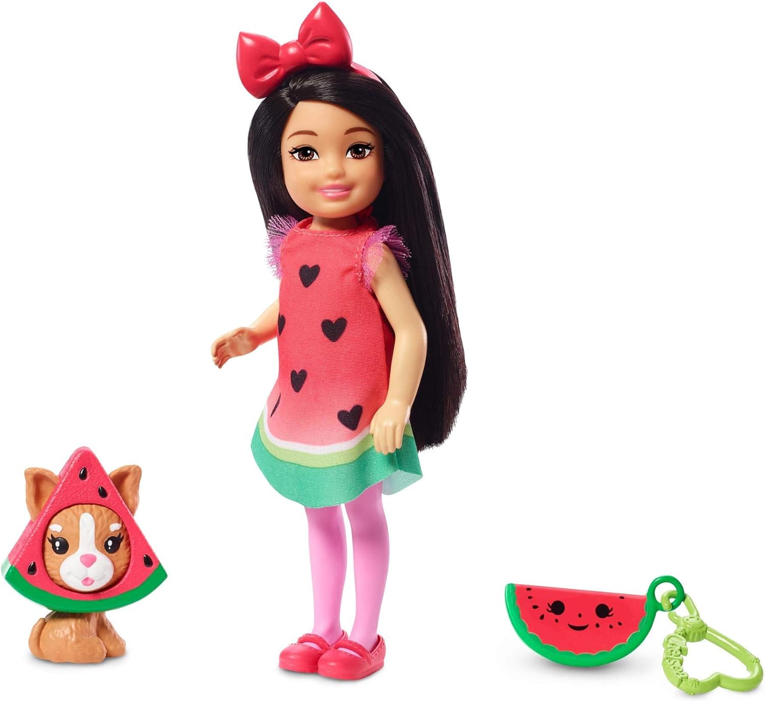 Barbie Club Chelsea Dress-Up Doll in Watermelon Costume with Accessories, 6-Inch Brunette, for 3 to 7 Year Olds