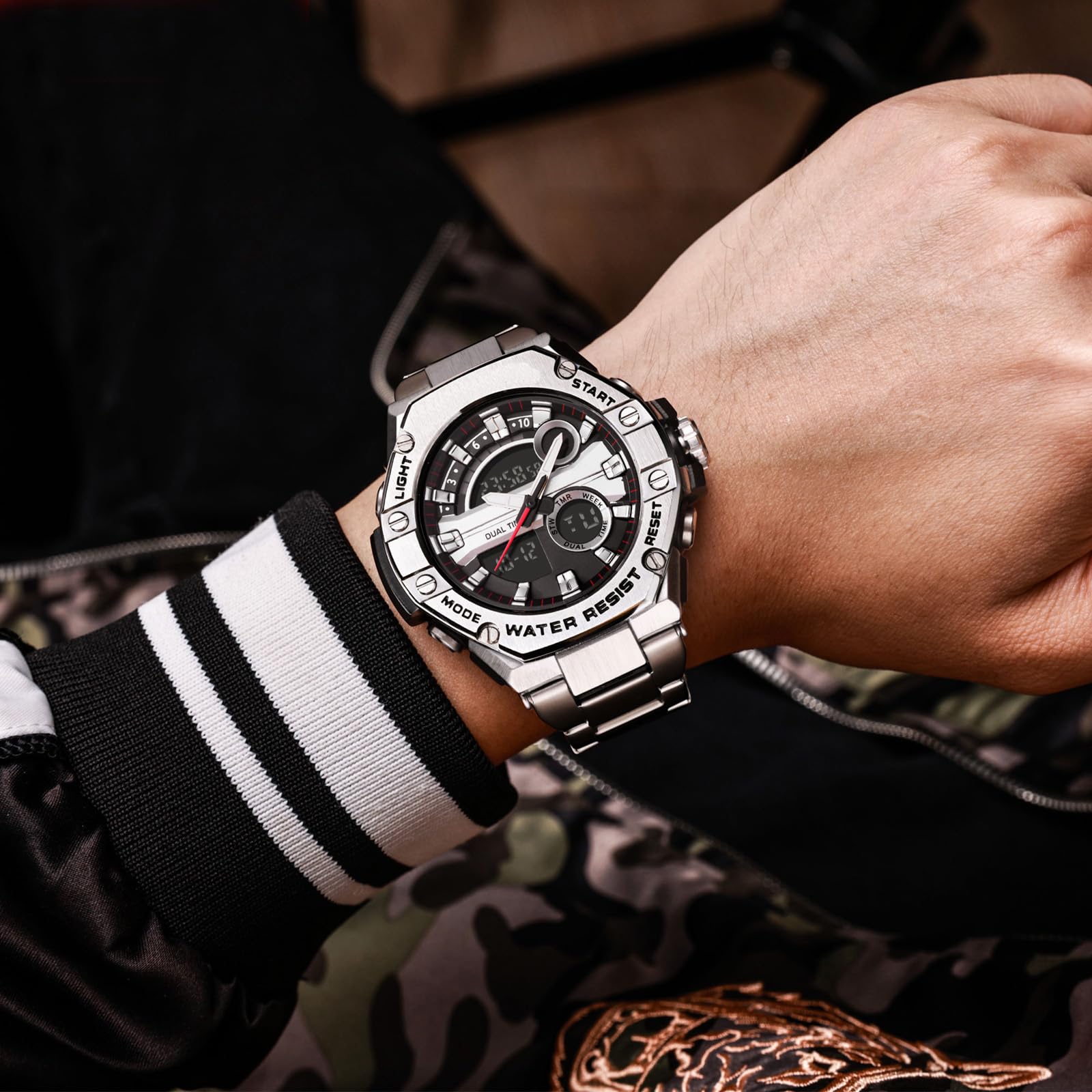 Herrenuhr Silber Edelstahl Digital Uhr Chronograph Herren Armbanduhr Seniorenuhr 5 ATM Wasserdicht Großes Ziffernblatt Militär Leuchtende Klassisch Elegant Elektronisch Analog Quarz Watches for Men