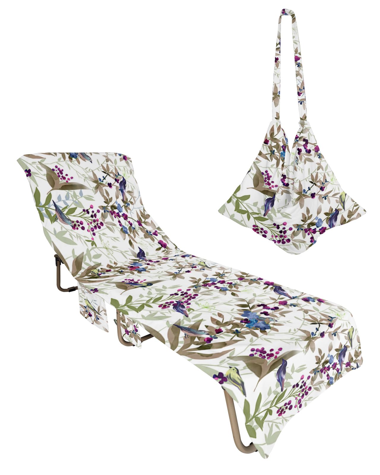 Brown Green Botanical Beach Lounge Chair Towel Cover, Soft Chaise Lounge Towel with Side Pockets Patio Pool Chairs Cover for Beach/Pool Sunbathing 29x85 Pastoral Plants Spring Floral Birds