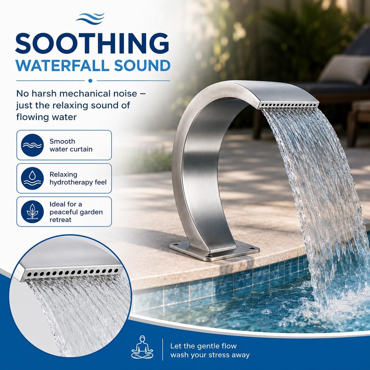 Lame d’Eau Cascade Piscine – Fontaine Cascade Acier Inoxydable 304 – Nappe d’Eau Monofil – Choix 1.5″– Compatible LED DIY, Pompe Externe Non Incluse, Connecteur Gratuit