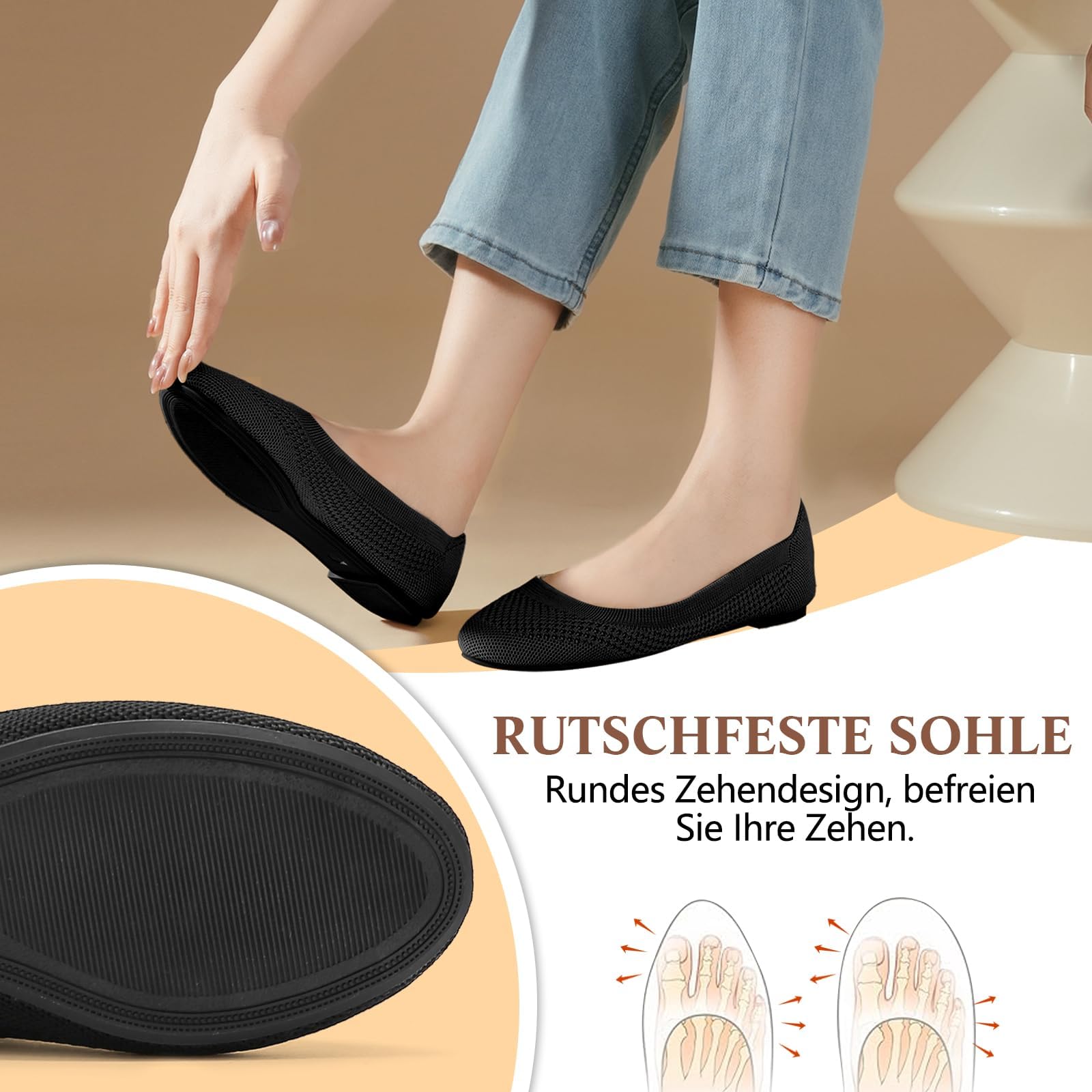 Damen Ballerina Flache Schuhe Komfort Slip On Klassische Rundkappe Pumps Schuhe Knit Faltbare Ballerinas Elegant Bequem Sommerschuhe Walking Flats für Frauen