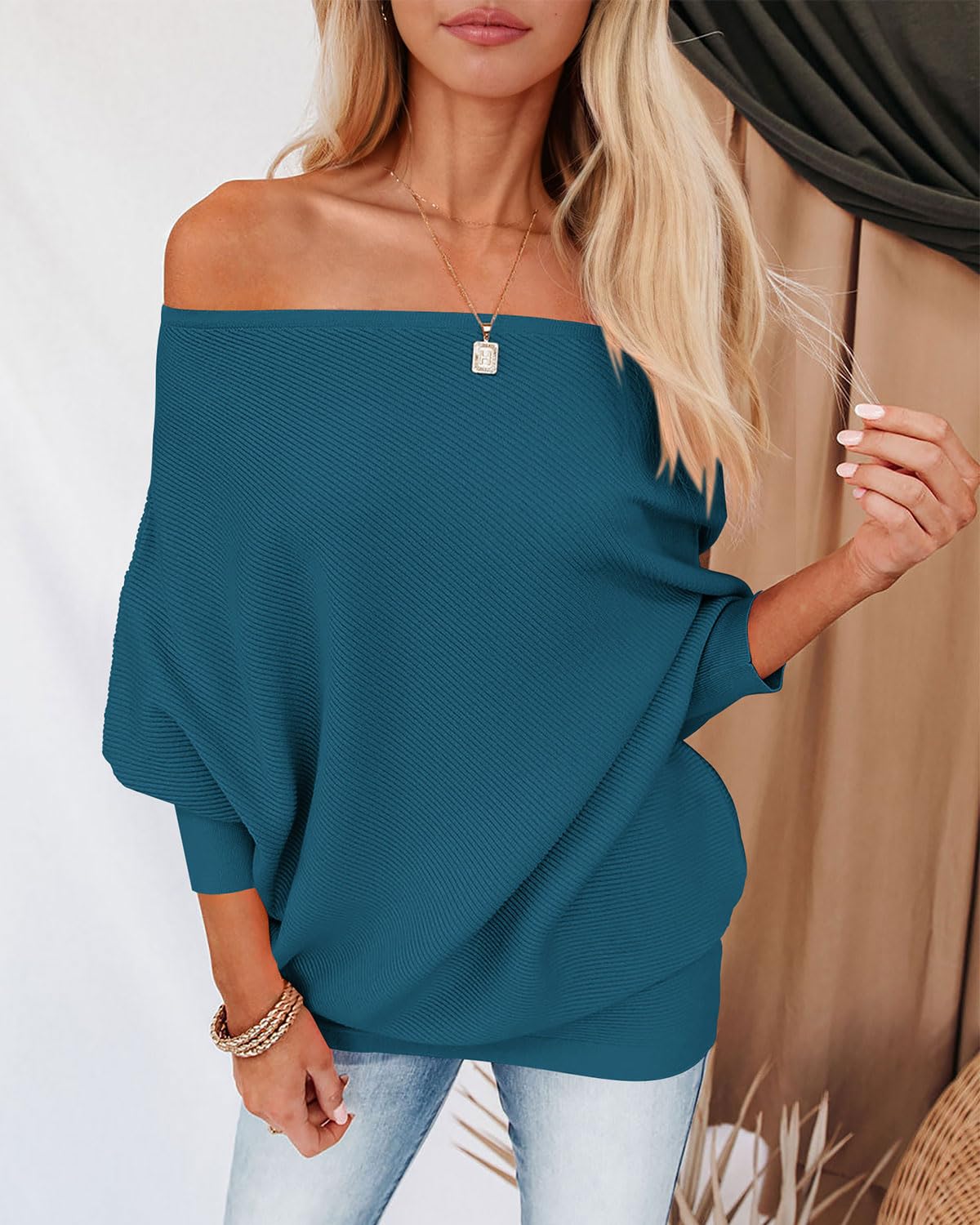 Zenlonr Damen-Pullover 2026, lässig, lange Fledermausärmel, locker, schulterfrei, Strickpullover